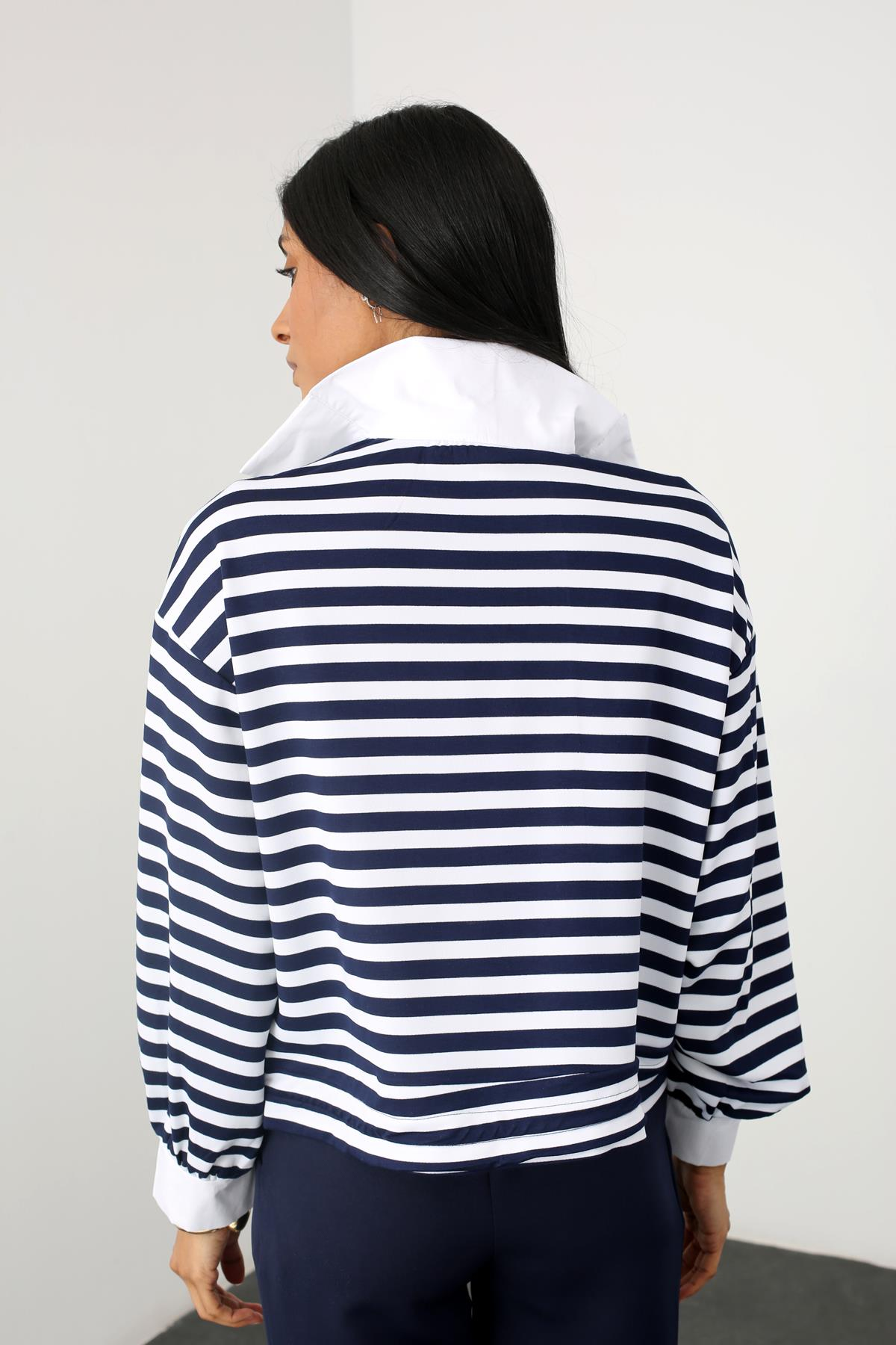 Lacivert Etek Ucu Büzgülü Çizgili Sweatshirt 23056