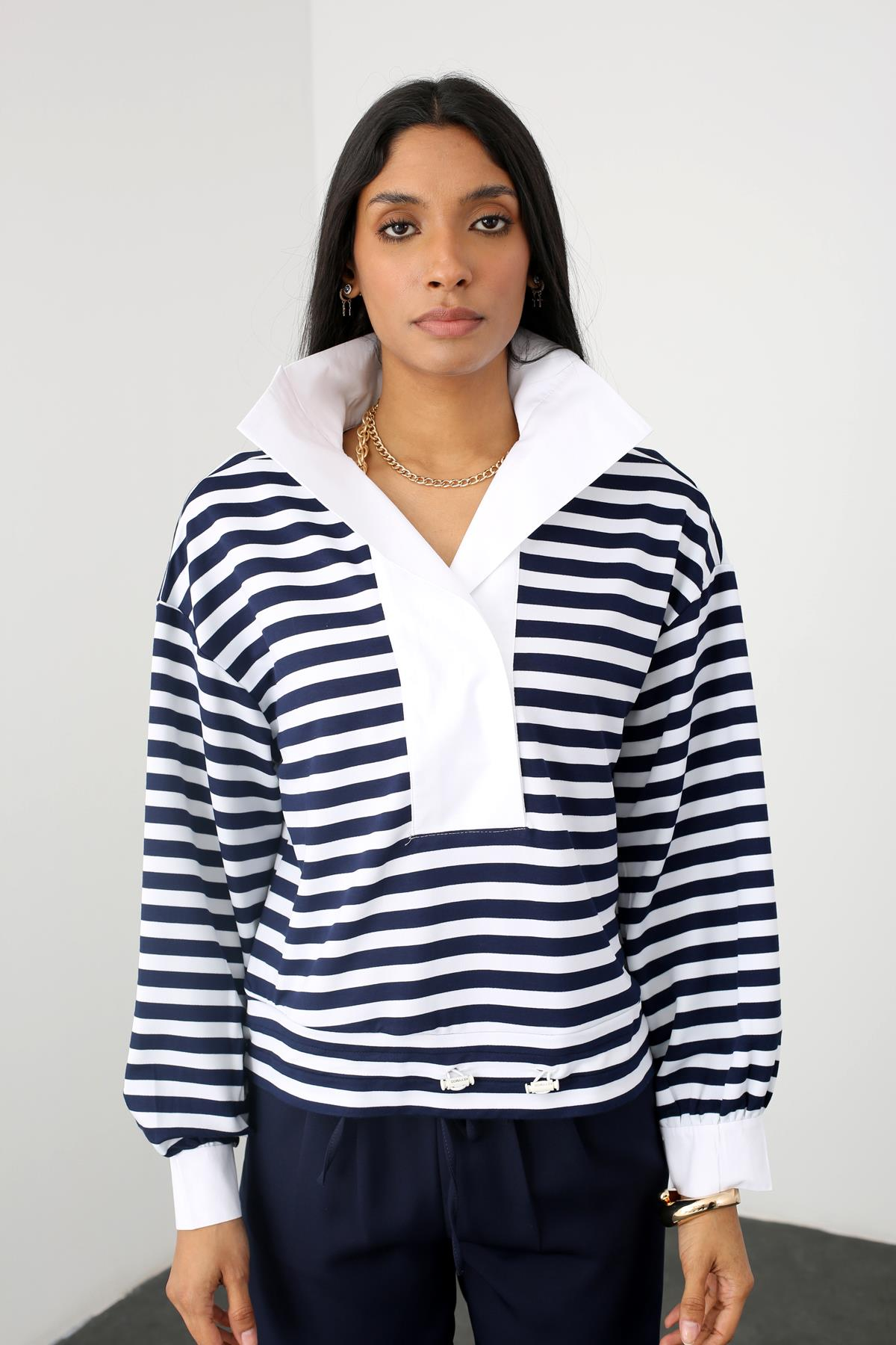 Lacivert Etek Ucu Büzgülü Çizgili Sweatshirt 23056