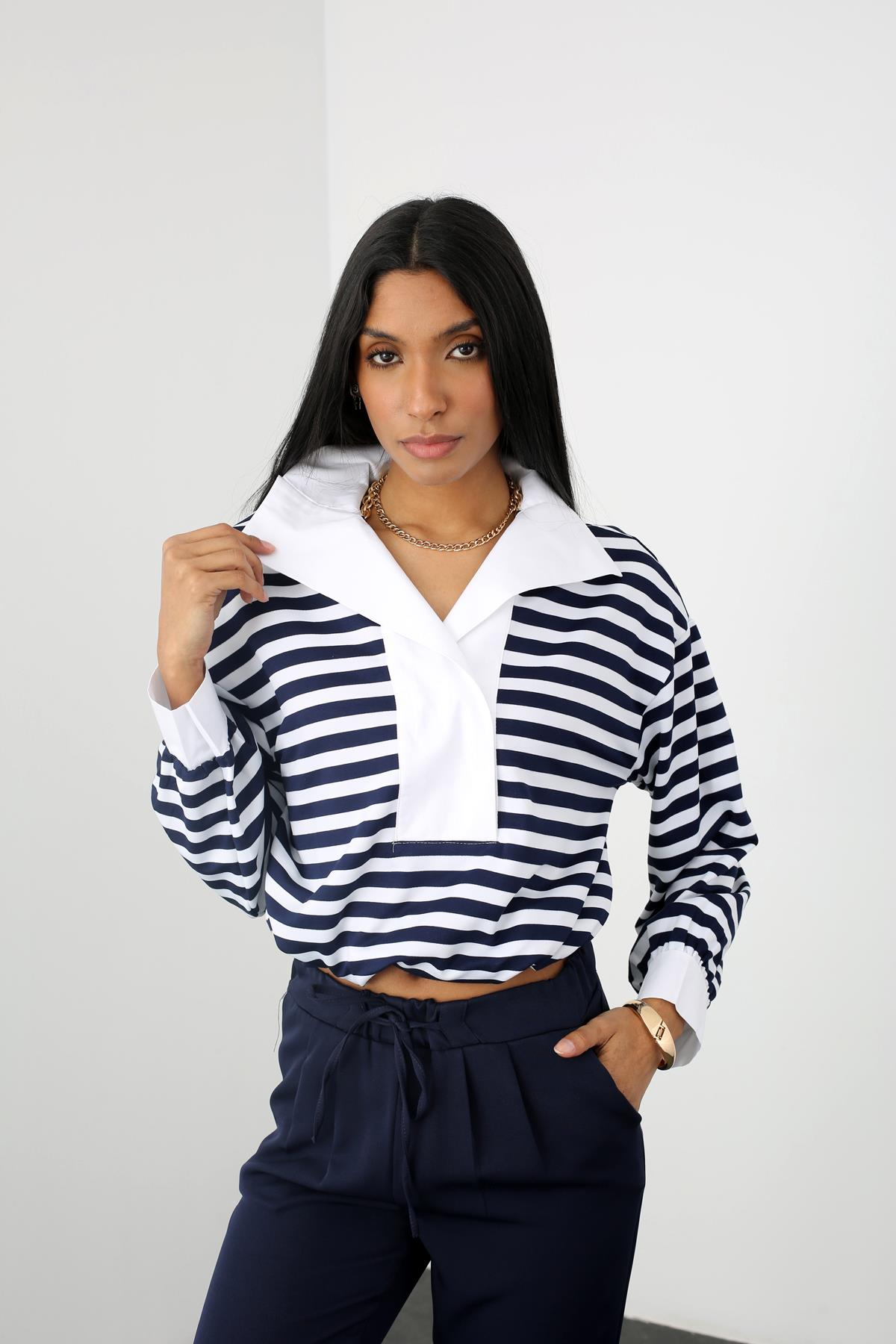 Lacivert Etek Ucu Büzgülü Çizgili Sweatshirt 23056