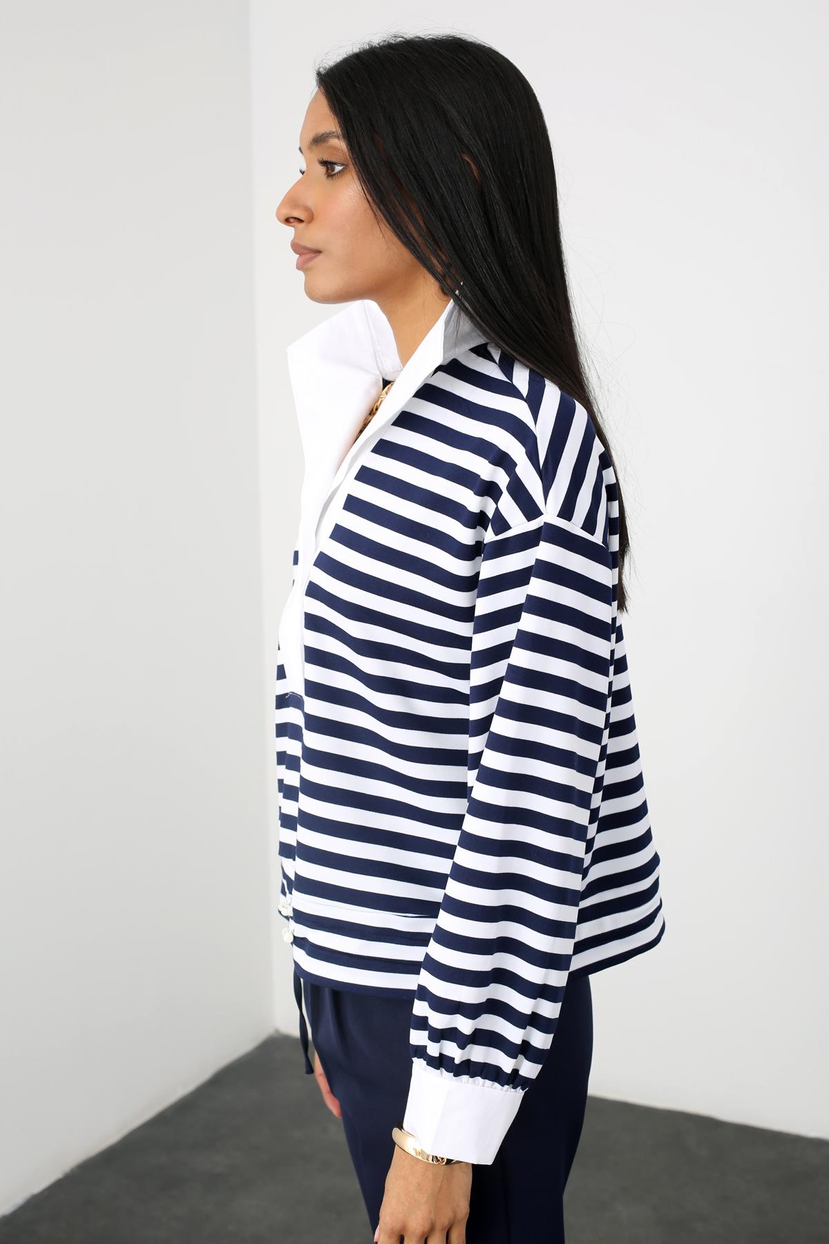 Lacivert Etek Ucu Büzgülü Çizgili Sweatshirt 23056