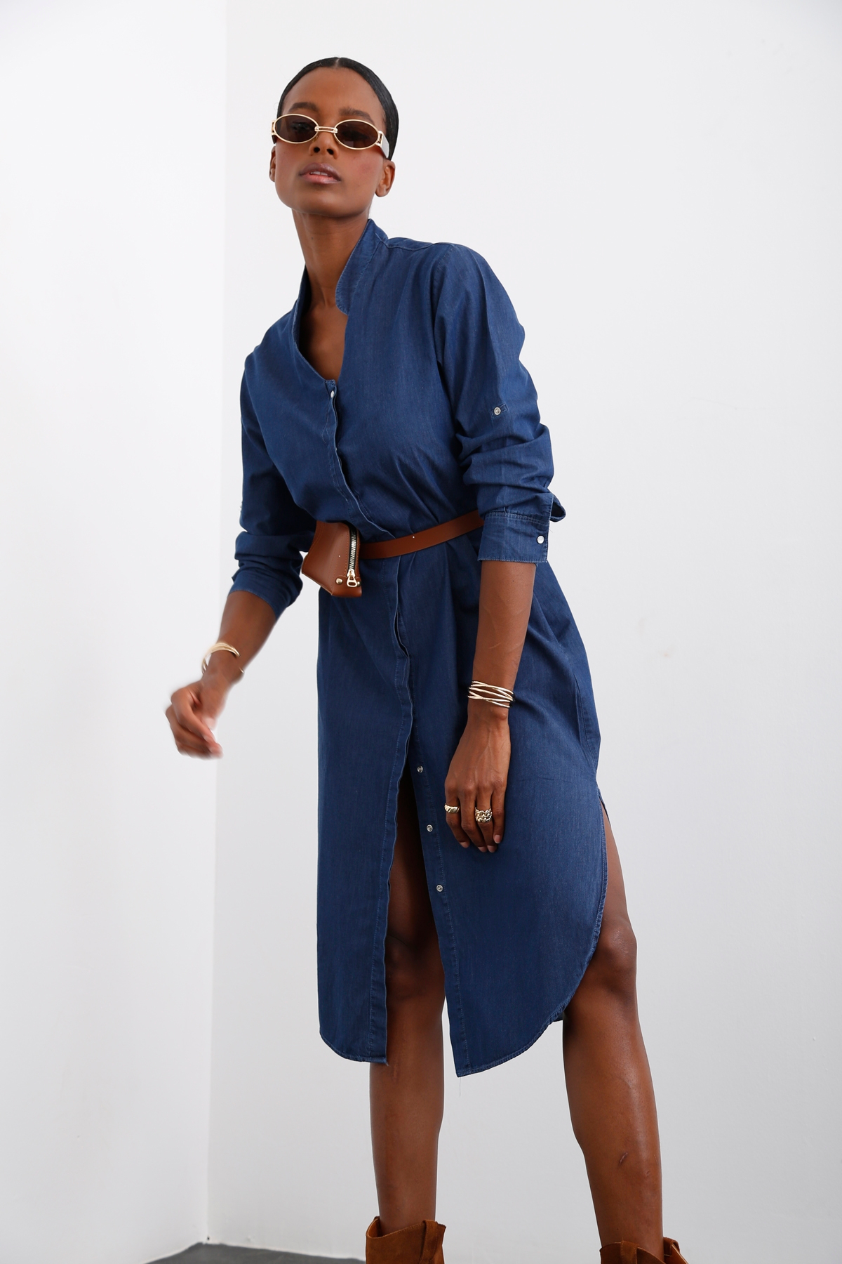 Lacivert Hakim Yaka Tencel Elbise 25733