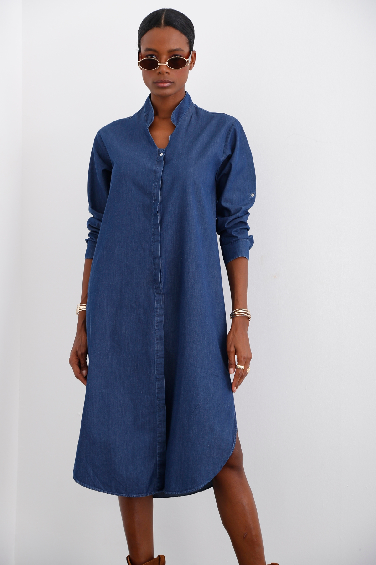 Lacivert Hakim Yaka Tencel Elbise 25733