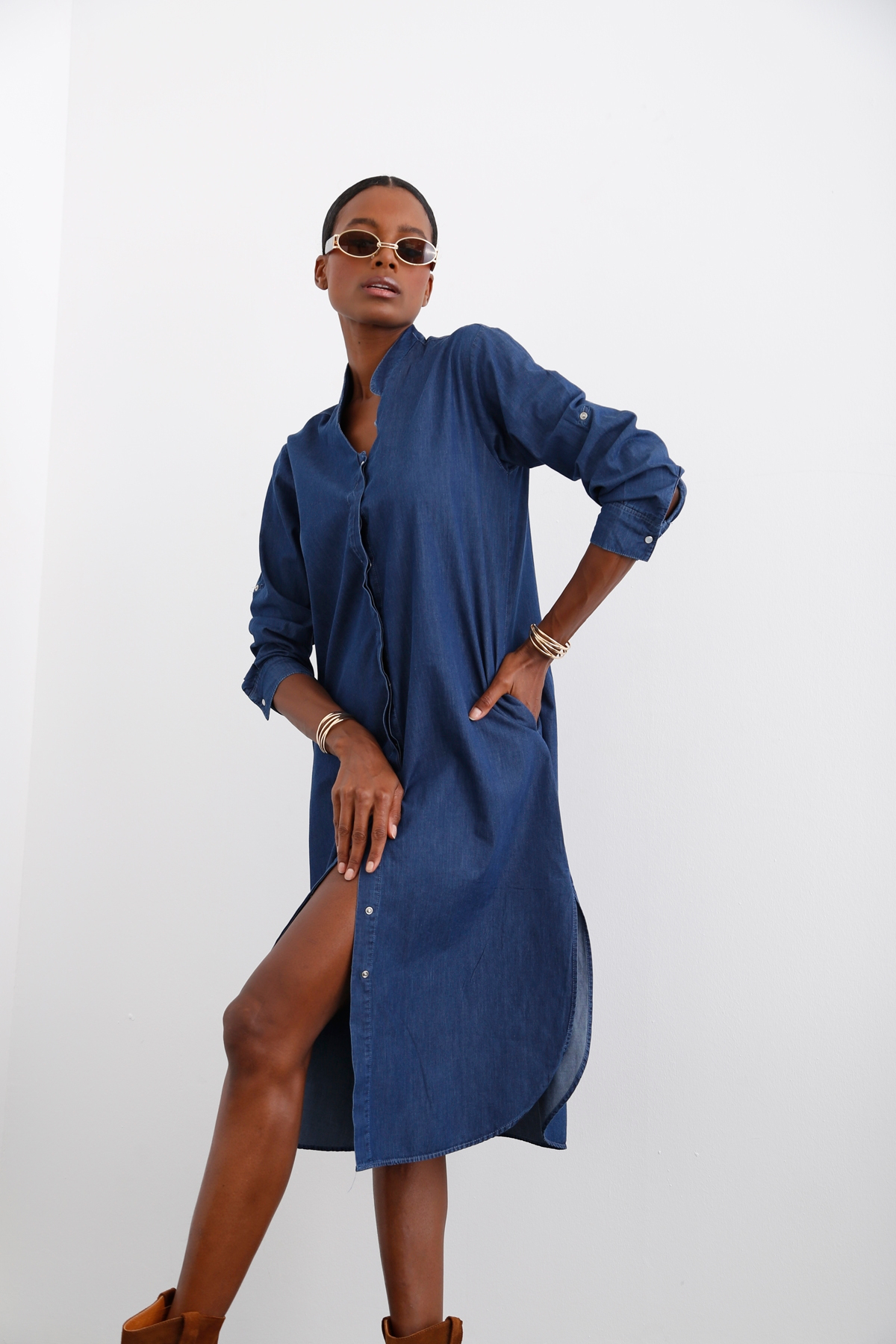 Lacivert Hakim Yaka Tencel Elbise 25733