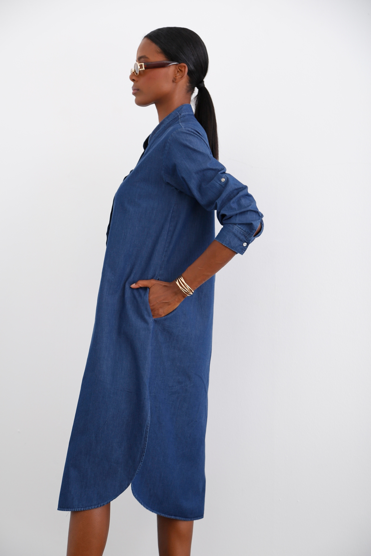 Lacivert Hakim Yaka Tencel Elbise 25733