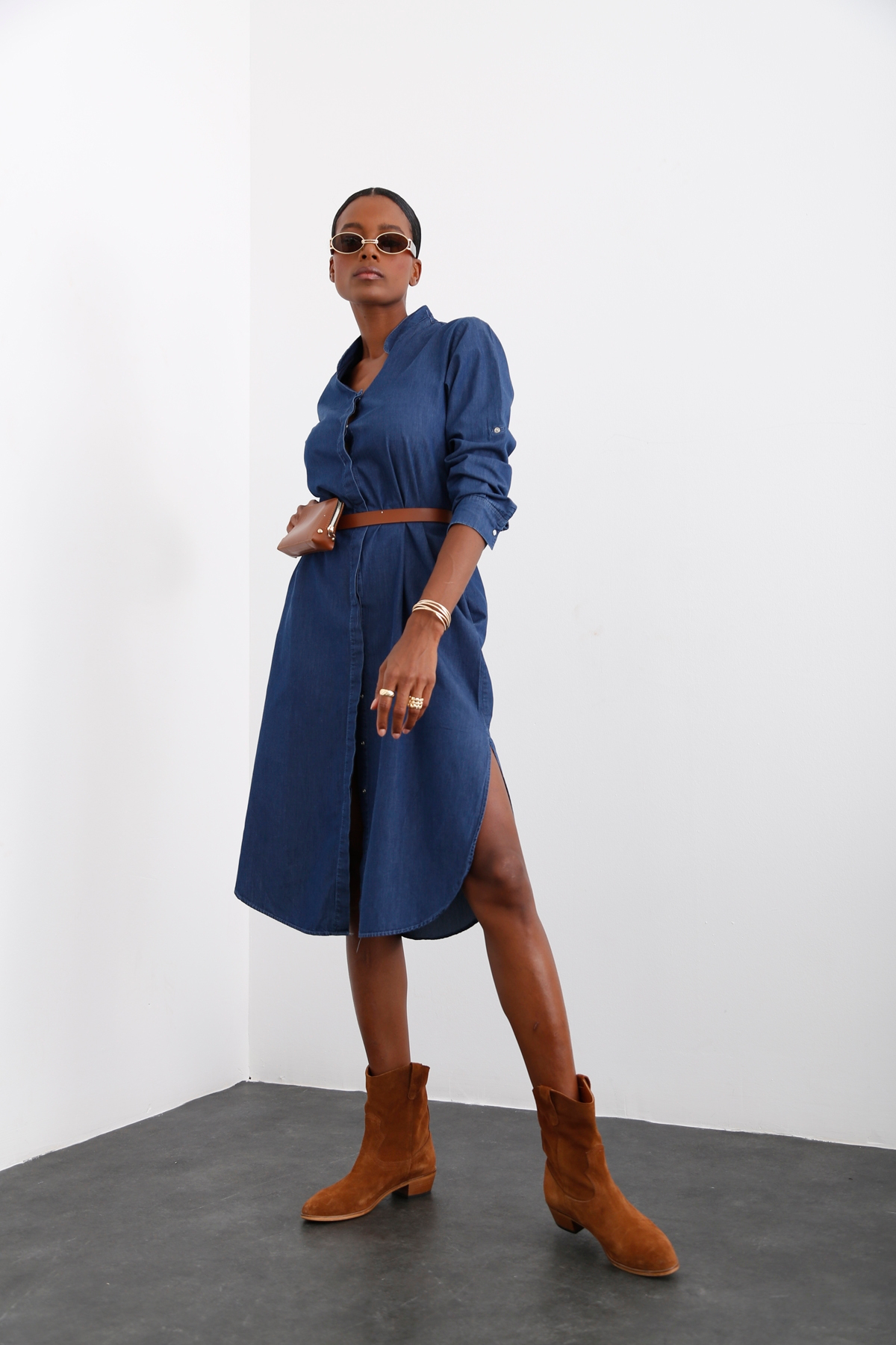 Lacivert Hakim Yaka Tencel Elbise 25733