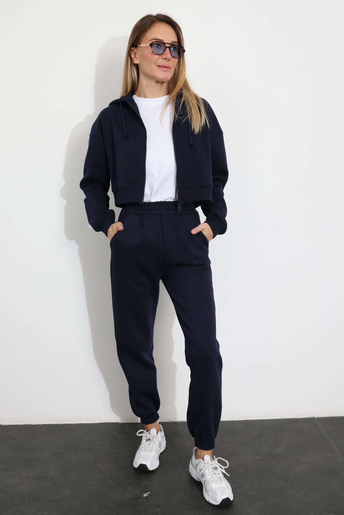 Lacivert Kapüşonlu Fermuarlı Sweatshirt 3717
