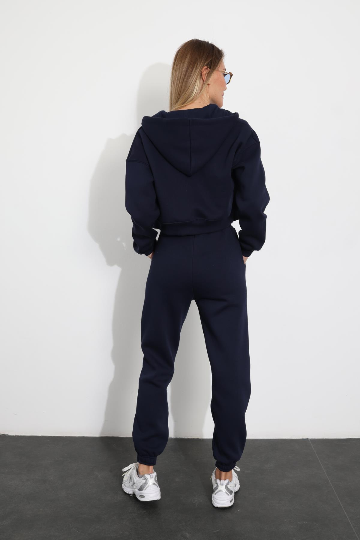 Lacivert Kapüşonlu Fermuarlı Sweatshirt 3717