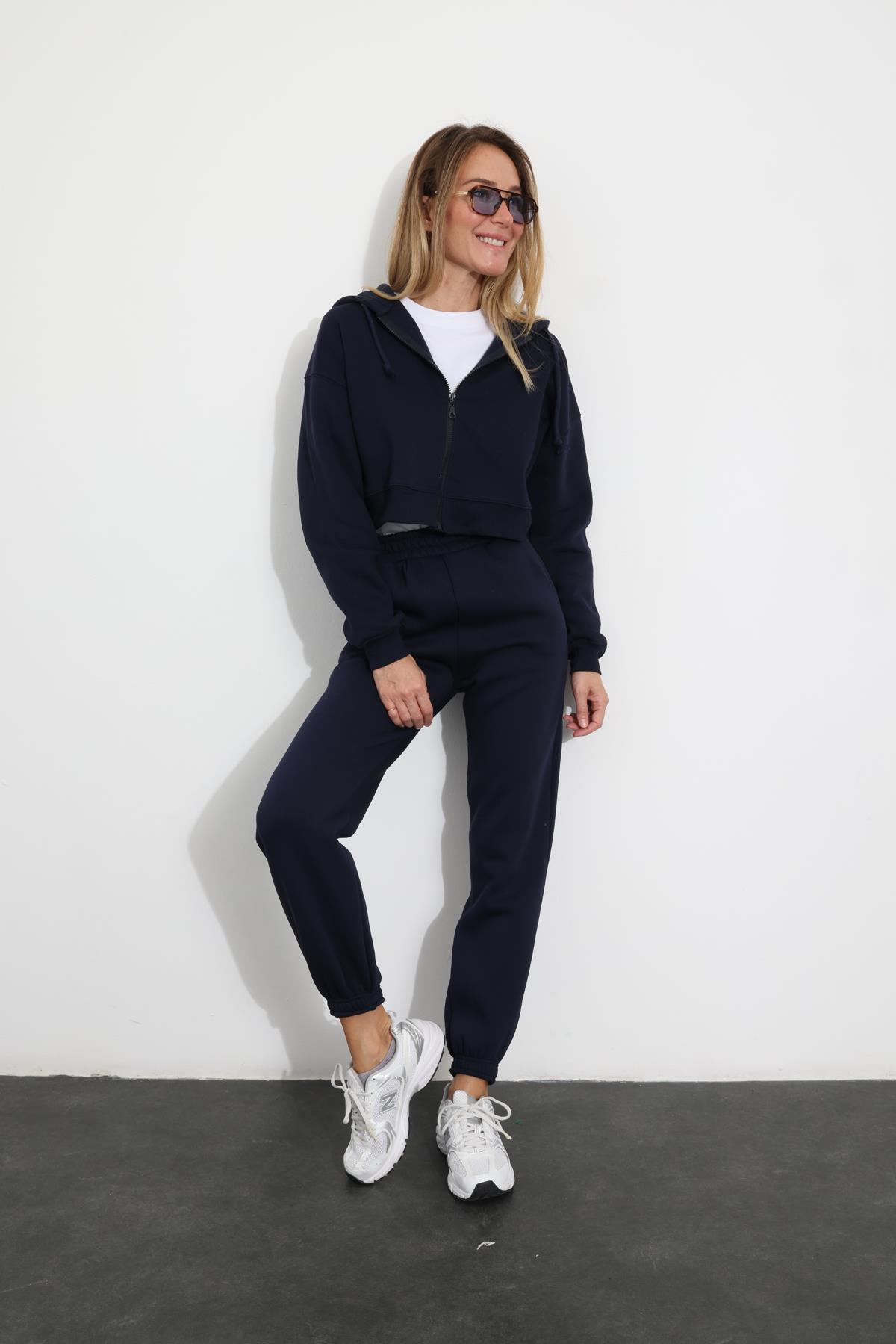 Lacivert Kapüşonlu Fermuarlı Sweatshirt 3717