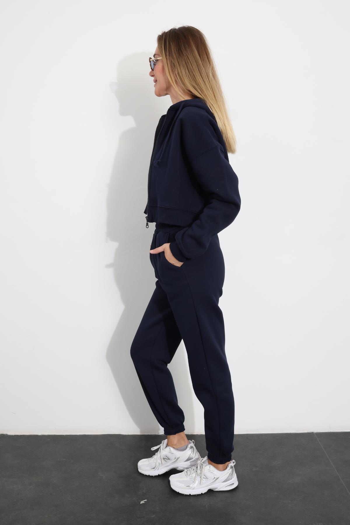 Lacivert Kapüşonlu Fermuarlı Sweatshirt 3717