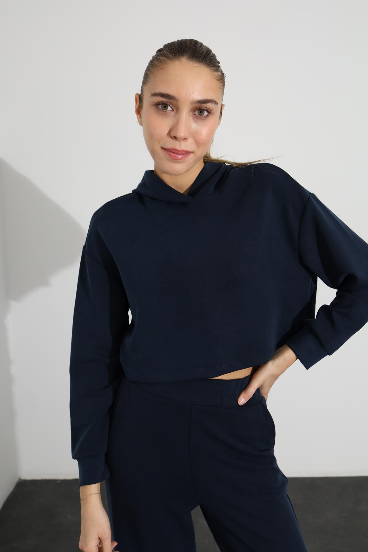 Lacivert Kapüşonlu Modal Sweatshirt 