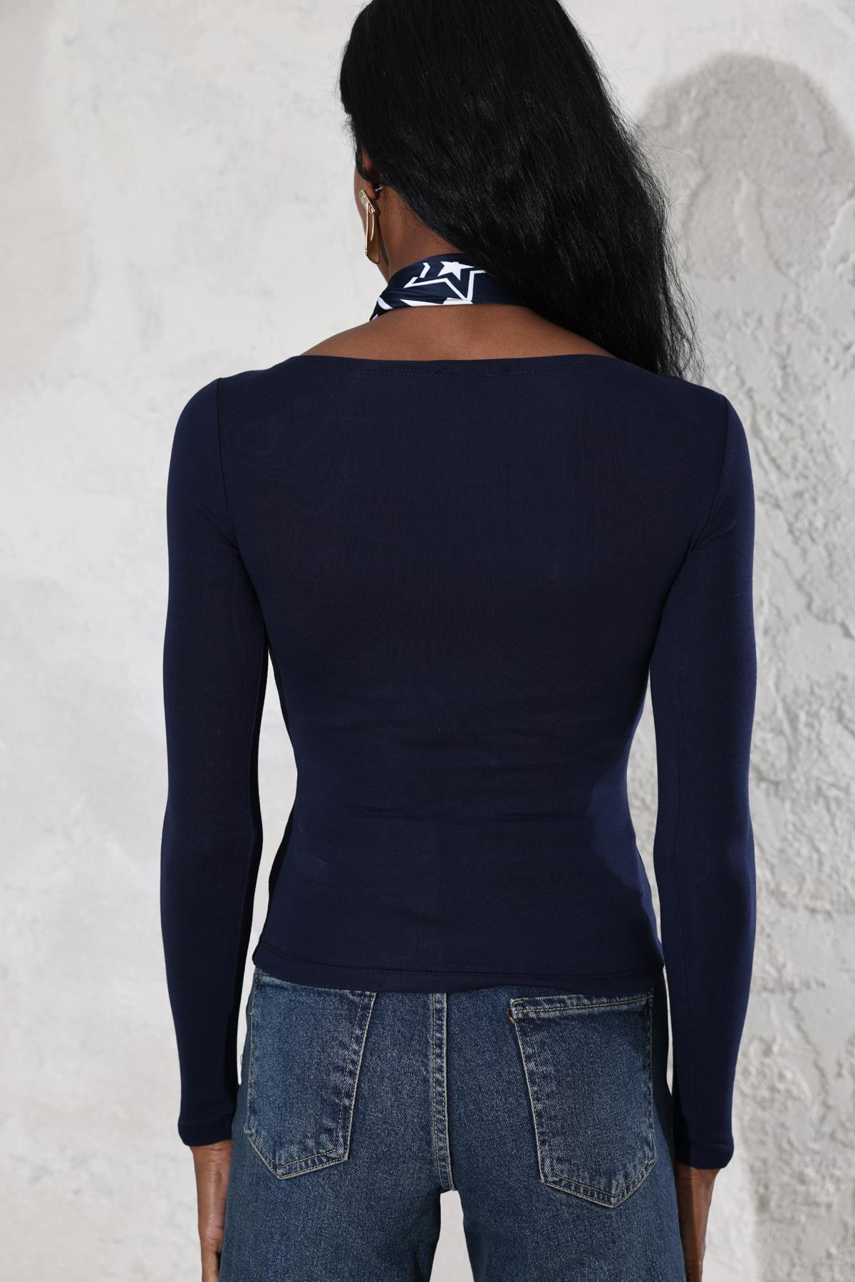 Lacivert Kayık Yaka Basic Tişört 4248