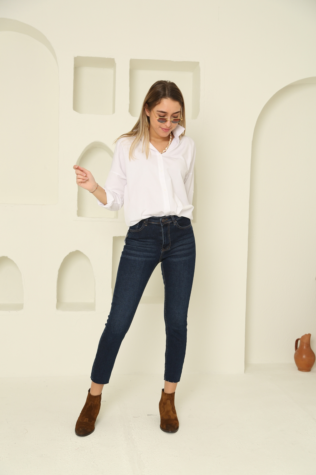 Lacivert Kesik Paça Boyfit Jean Pantolon 