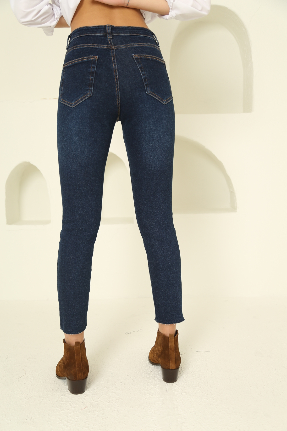 Lacivert Kesik Paça Boyfit Jean Pantolon 