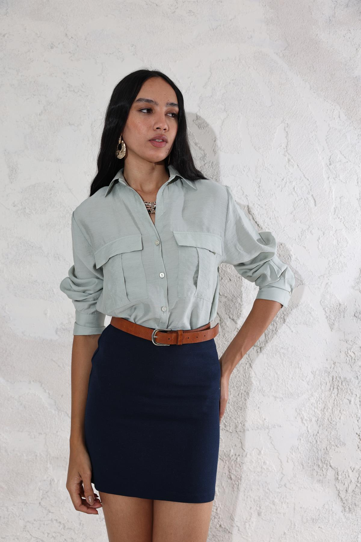 Lacivert Keten Dokulu Mini Etek 50152