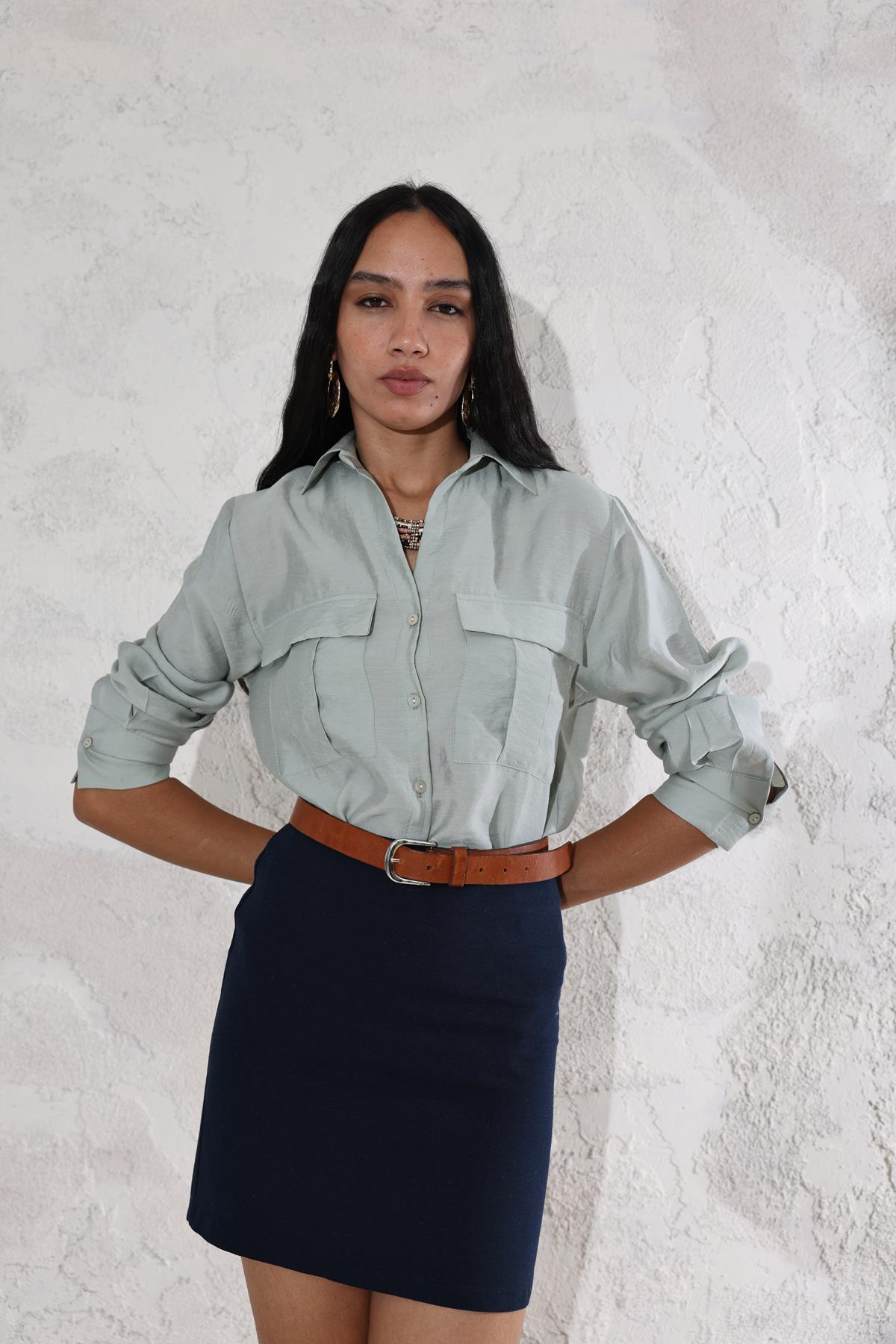 Lacivert Keten Dokulu Mini Etek 50152