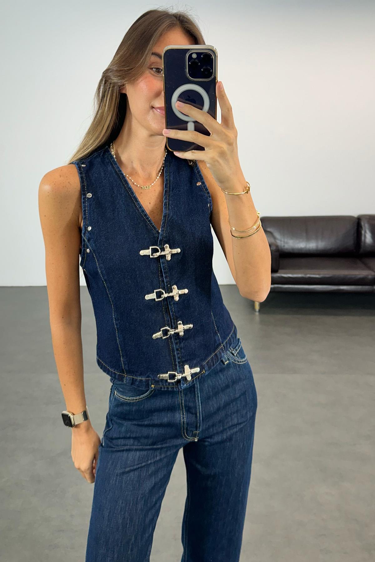 Lacivert Klips Detaylı Denim Yelek 0168