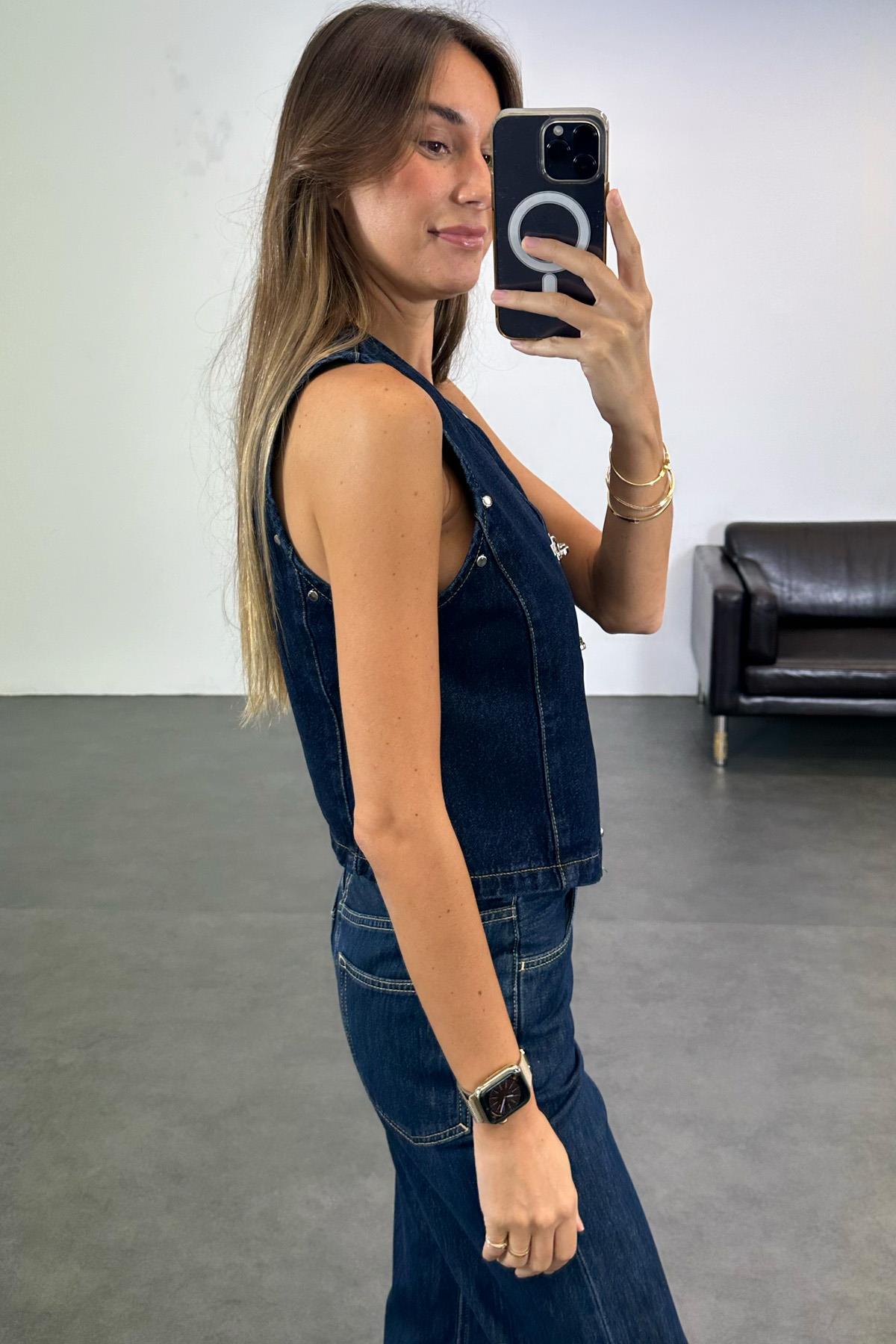 Lacivert Klips Detaylı Denim Yelek 0168