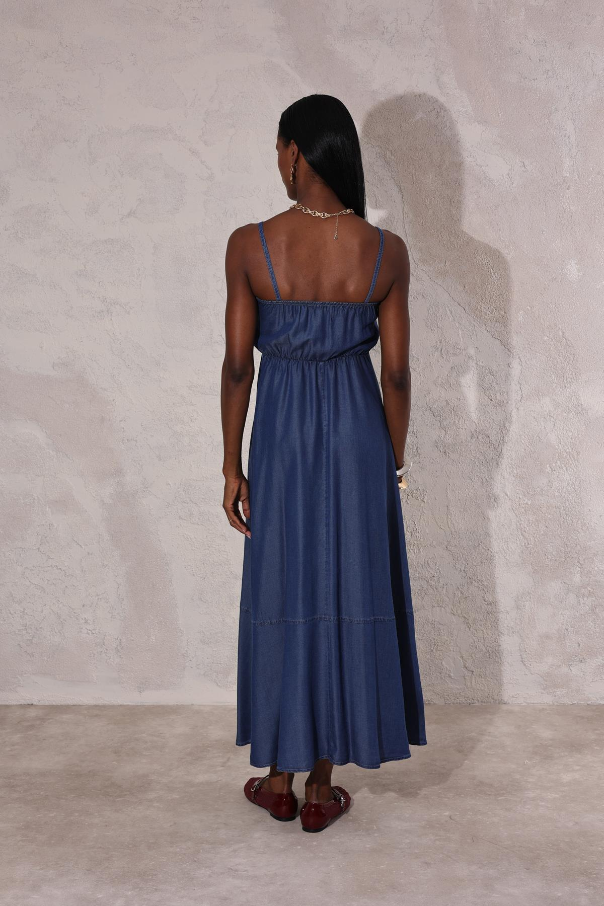 Lacivert Lastikli Tencel Kot Elbise 929