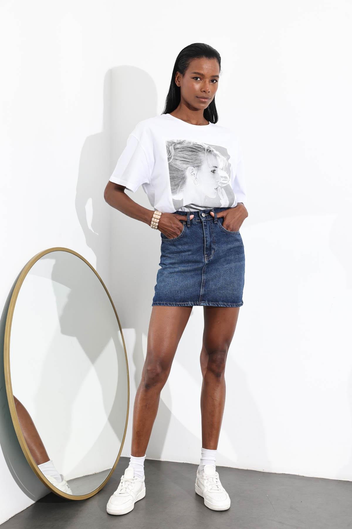 Lacivert Mini Denim Etek 