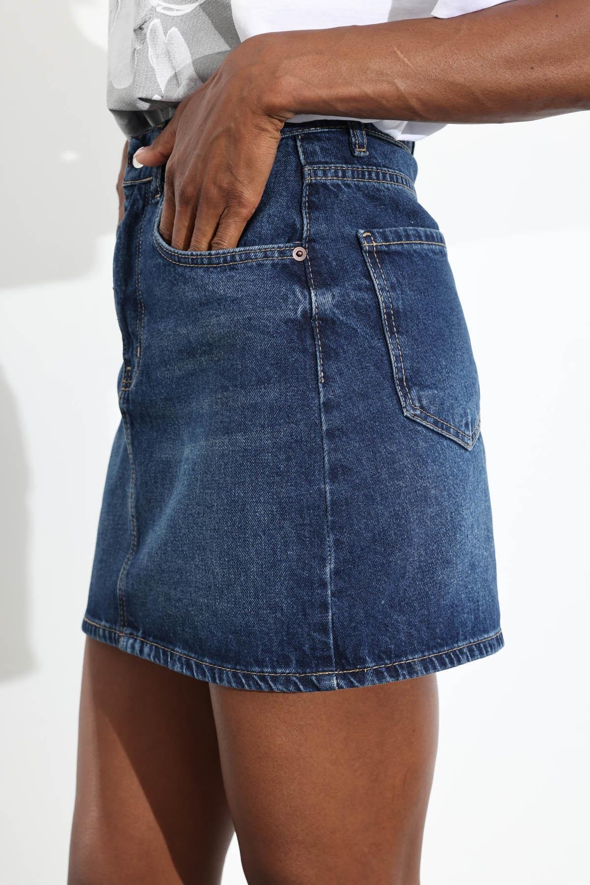 Lacivert Mini Denim Etek 