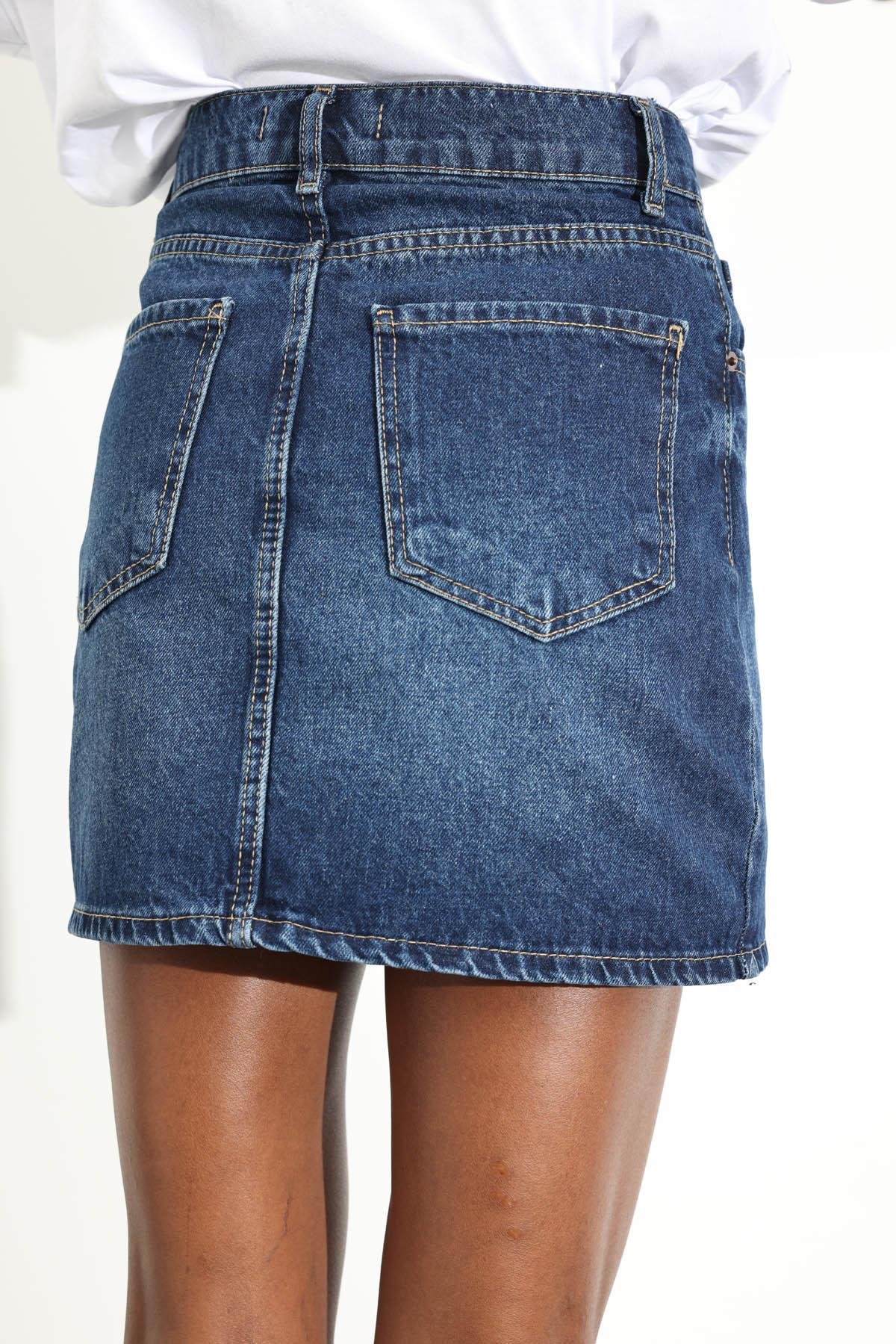 Lacivert Mini Denim Etek 