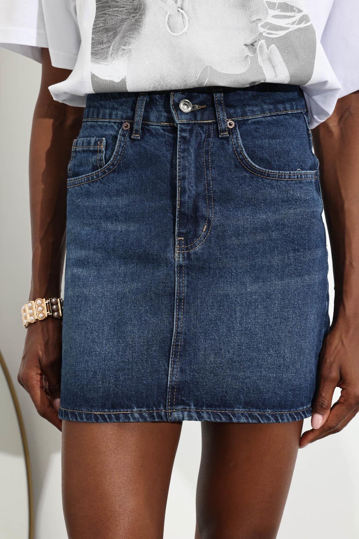 Lacivert Mini Denim Etek 