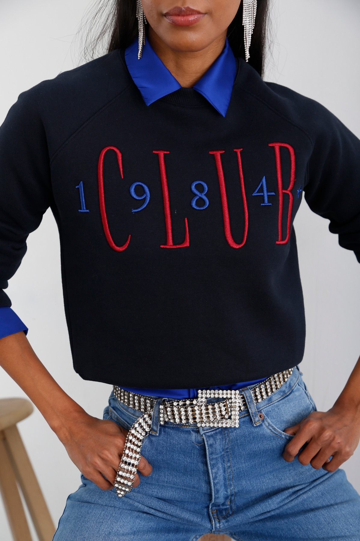 Lacivert Nakışlı Şardonlu Sweatshirt 