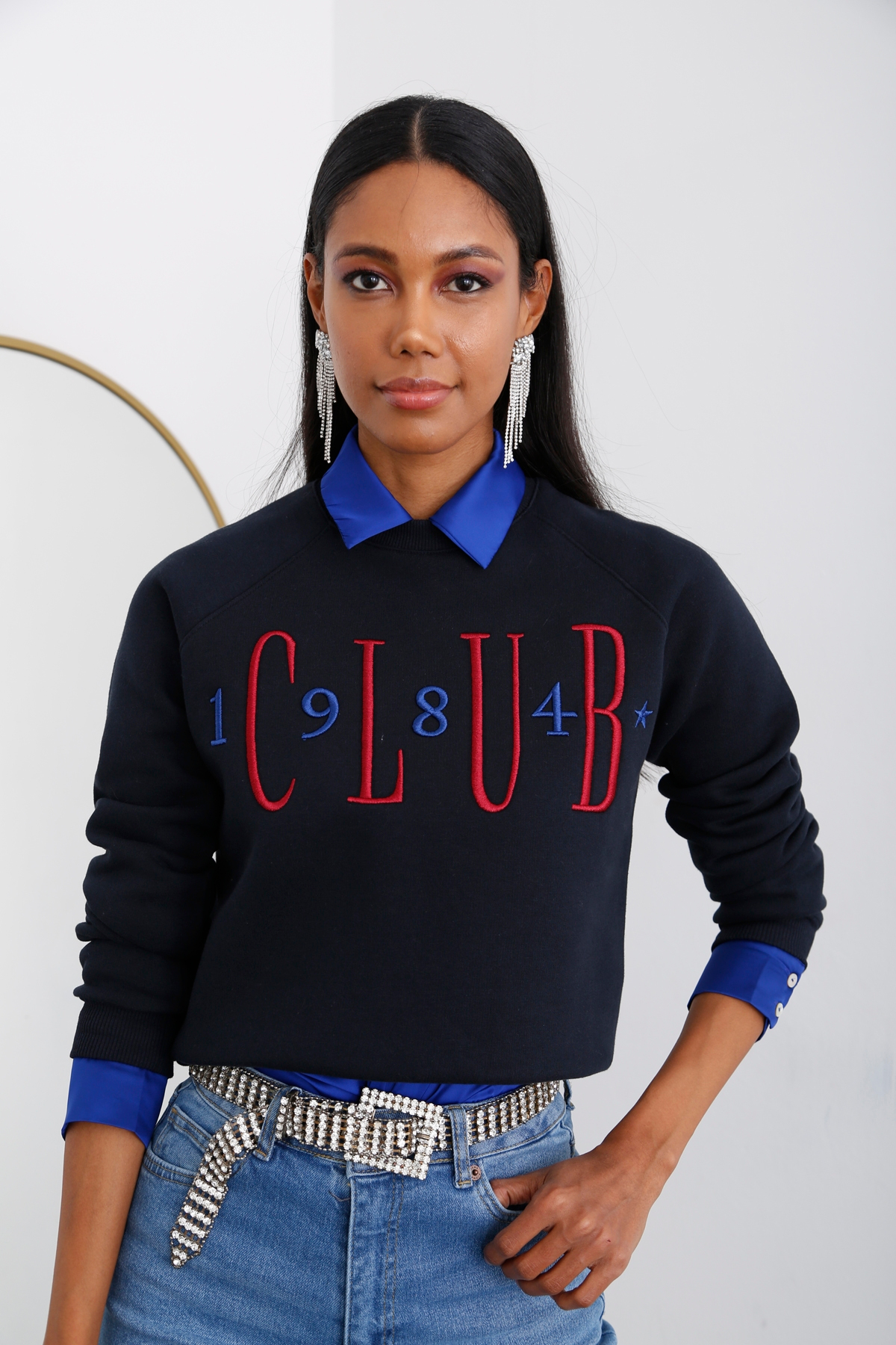 Lacivert Nakışlı Şardonlu Sweatshirt 