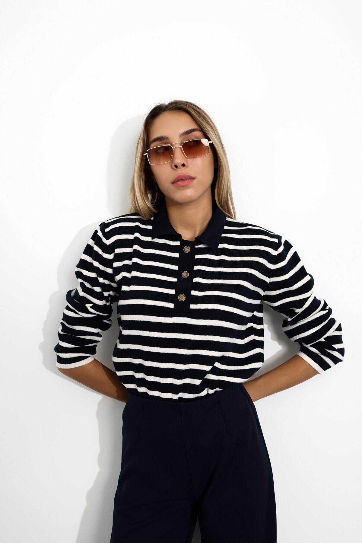 Lacivert Polo Yaka Çizgili Triko 1109