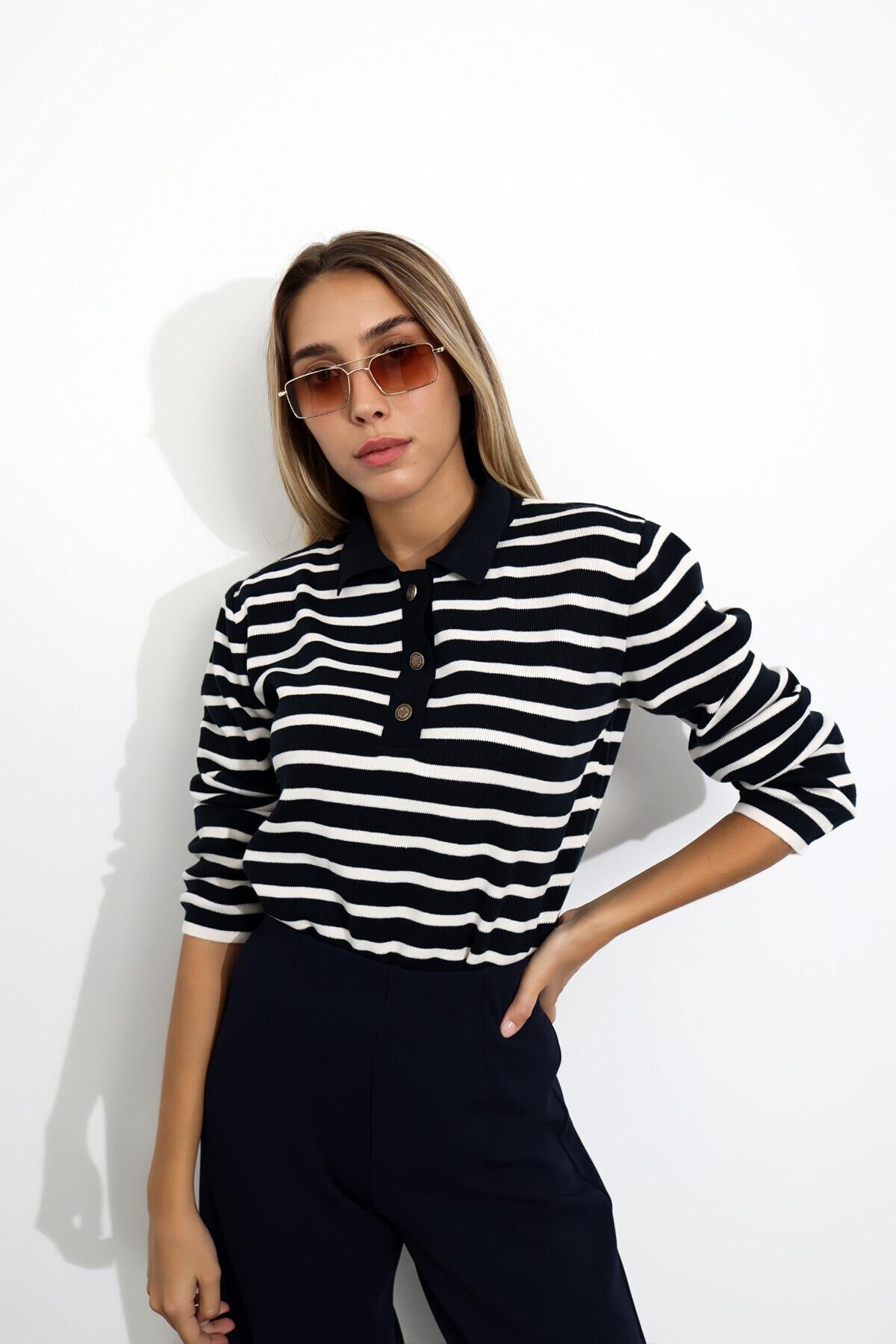 Lacivert Polo Yaka Çizgili Triko 1109