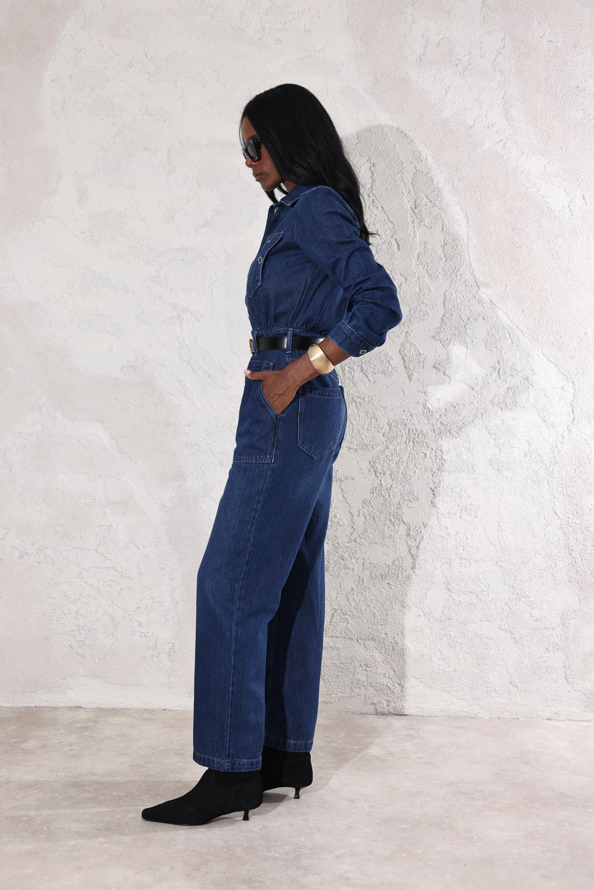 Lacivert Polo Yaka Denim Tulum 