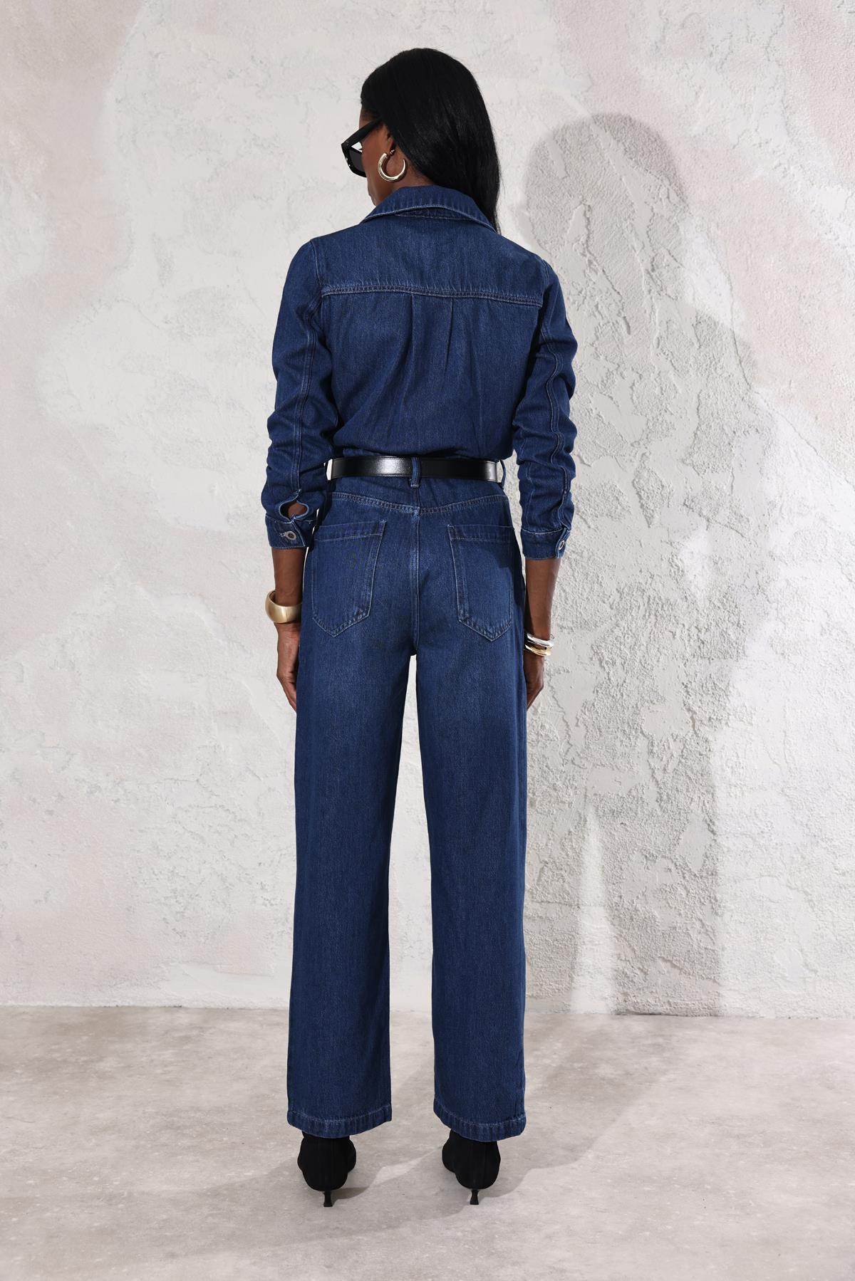 Lacivert Polo Yaka Denim Tulum 