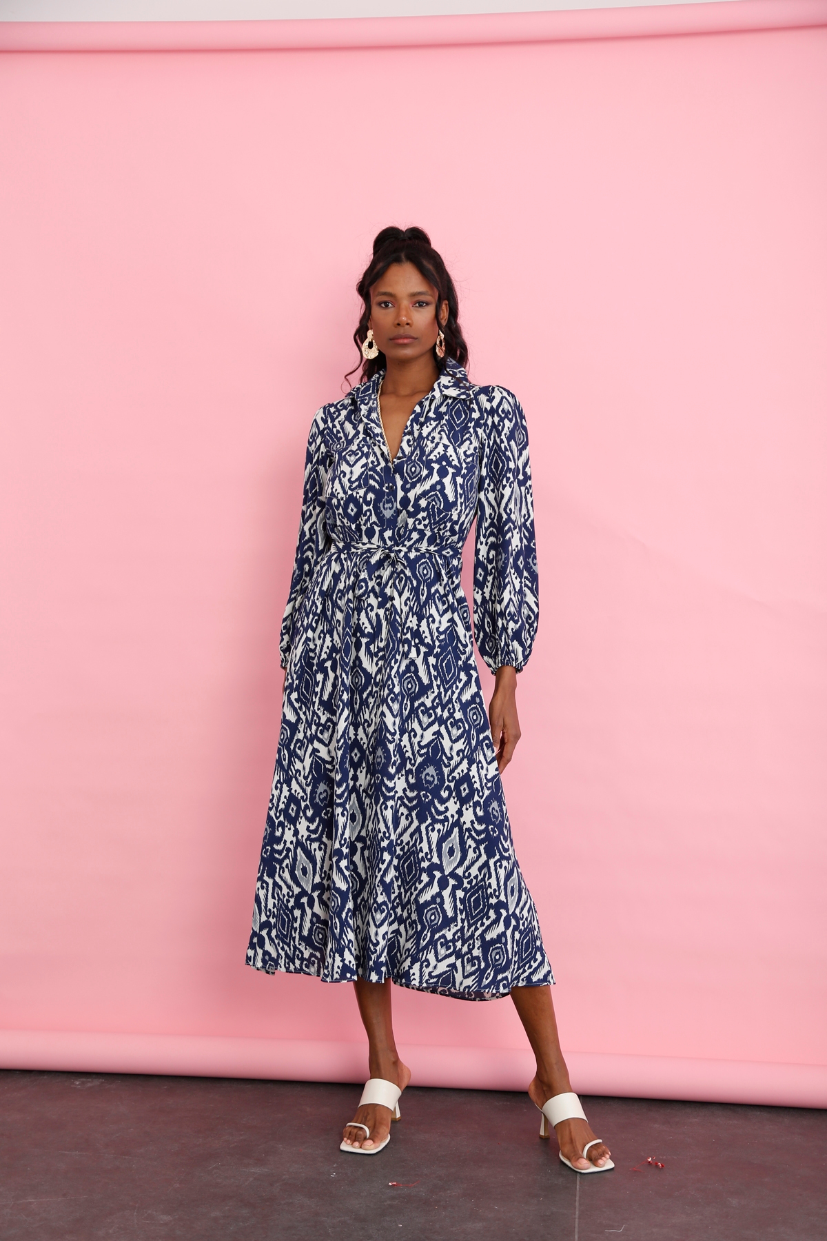 Lacivert Retro Desen Gömlek Elbise 12049