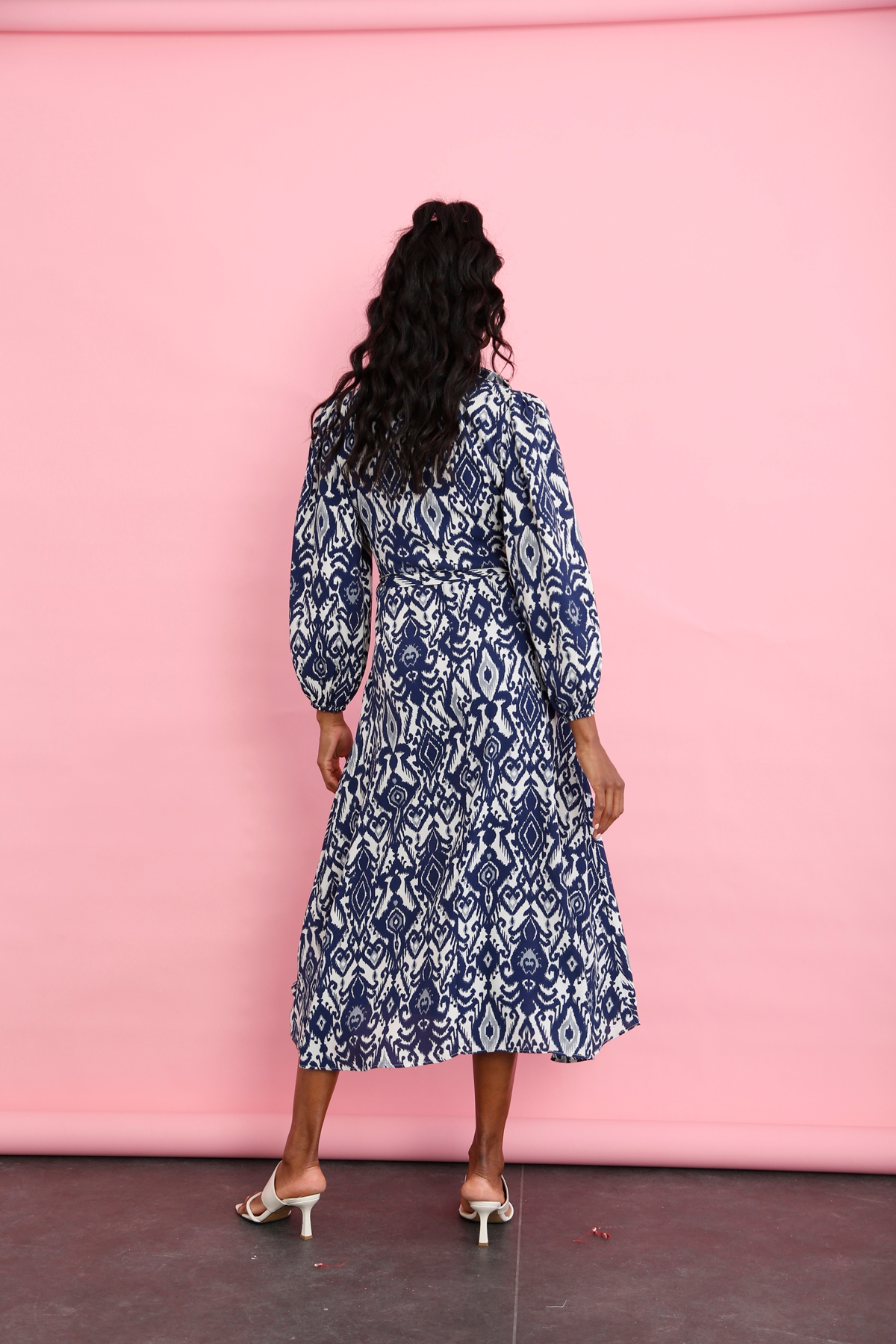 Lacivert Retro Desen Gömlek Elbise 12049