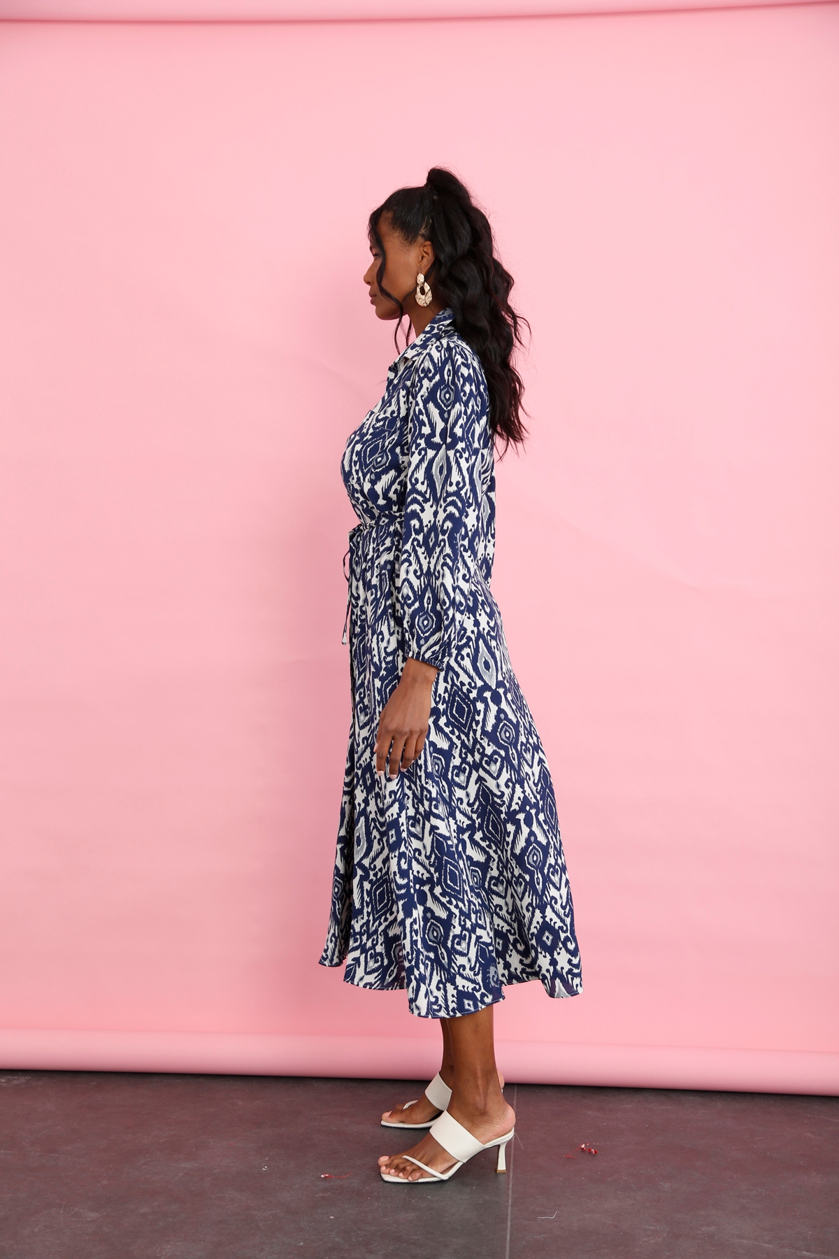 Lacivert Retro Desen Gömlek Elbise 12049