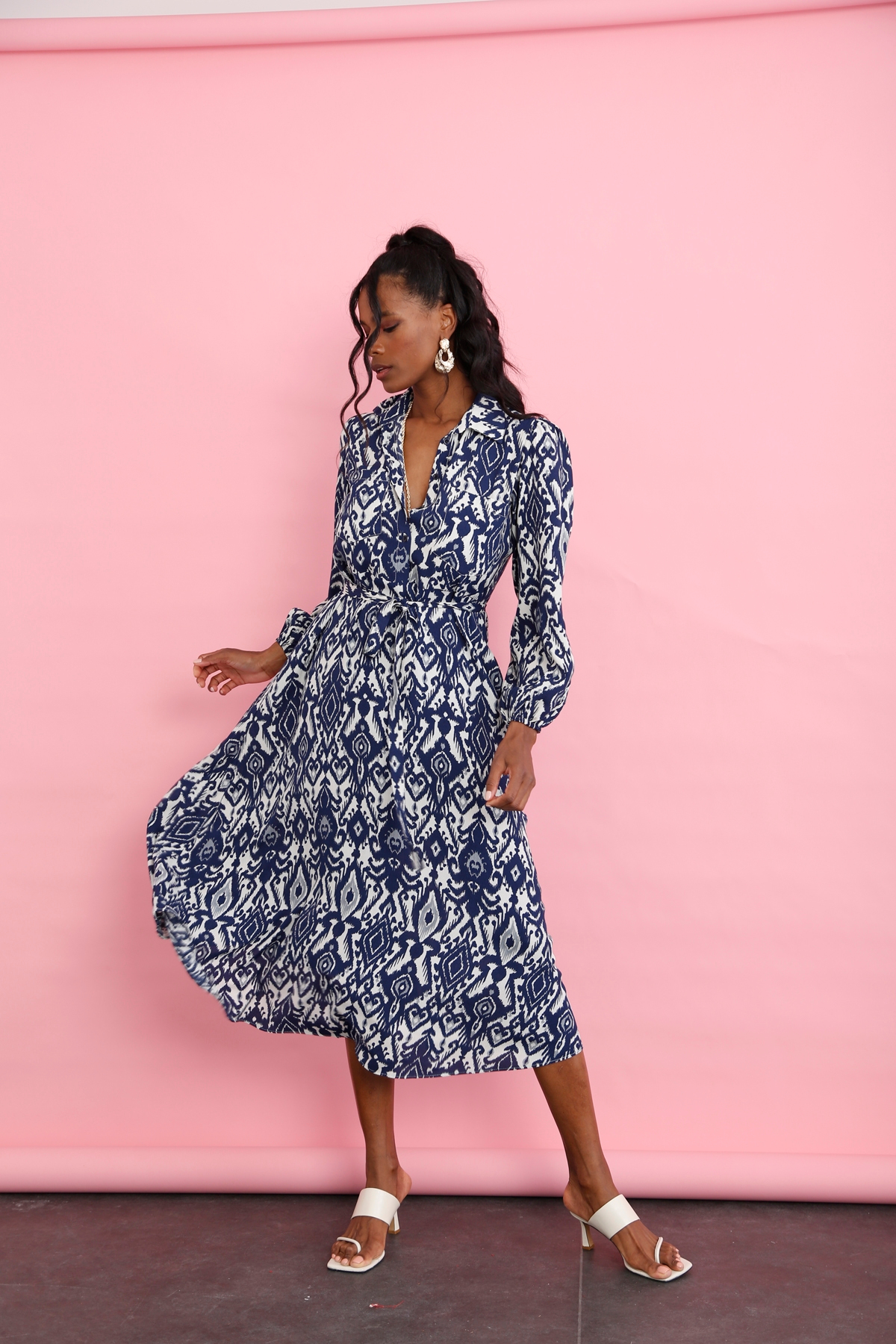 Lacivert Retro Desen Gömlek Elbise 12049