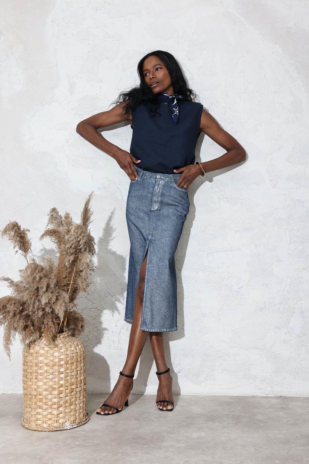 Lacivert Sim Detaylı Yırtmaçlı Denim Etek 767