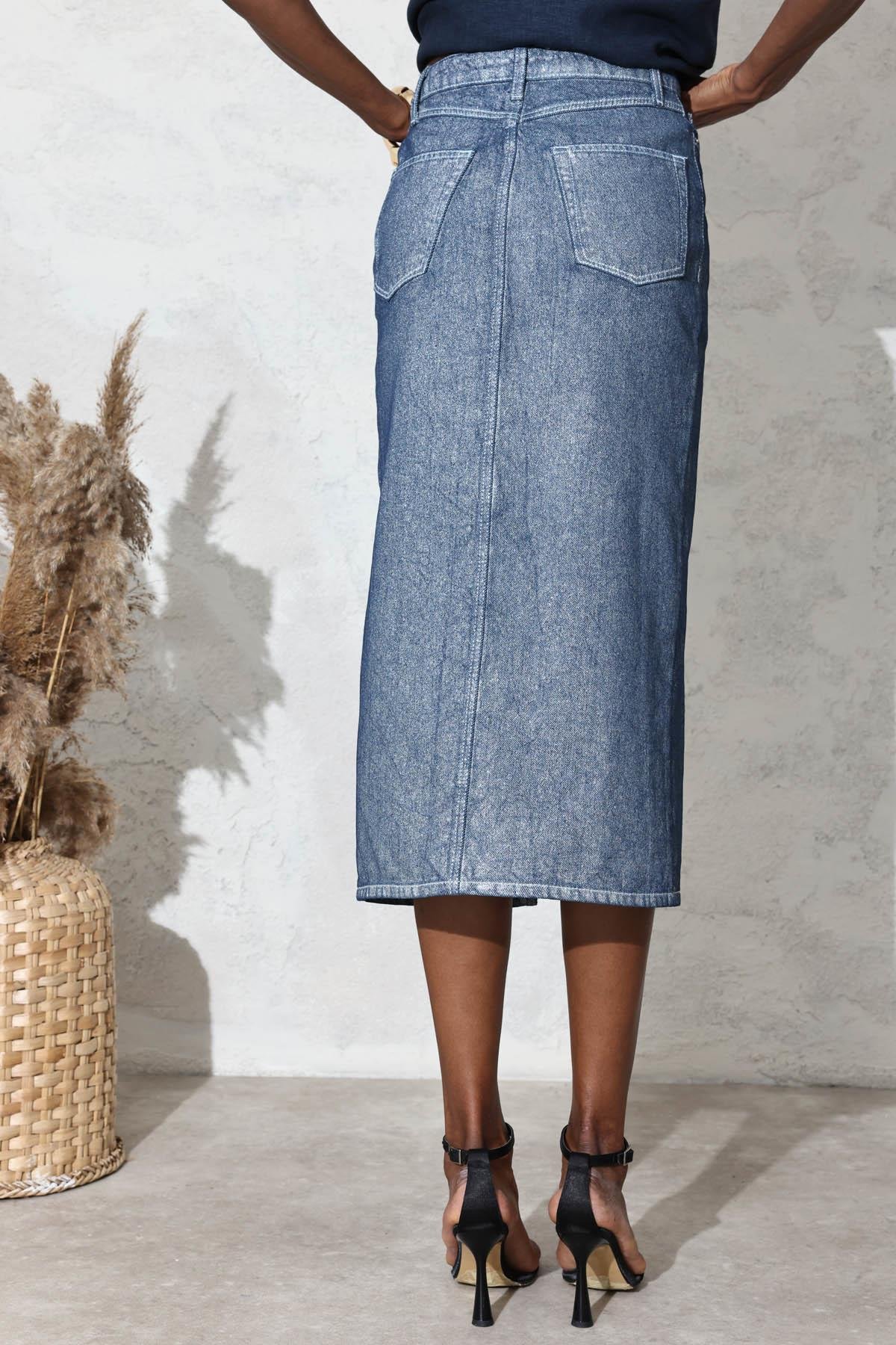 Lacivert Sim Detaylı Yırtmaçlı Denim Etek 767