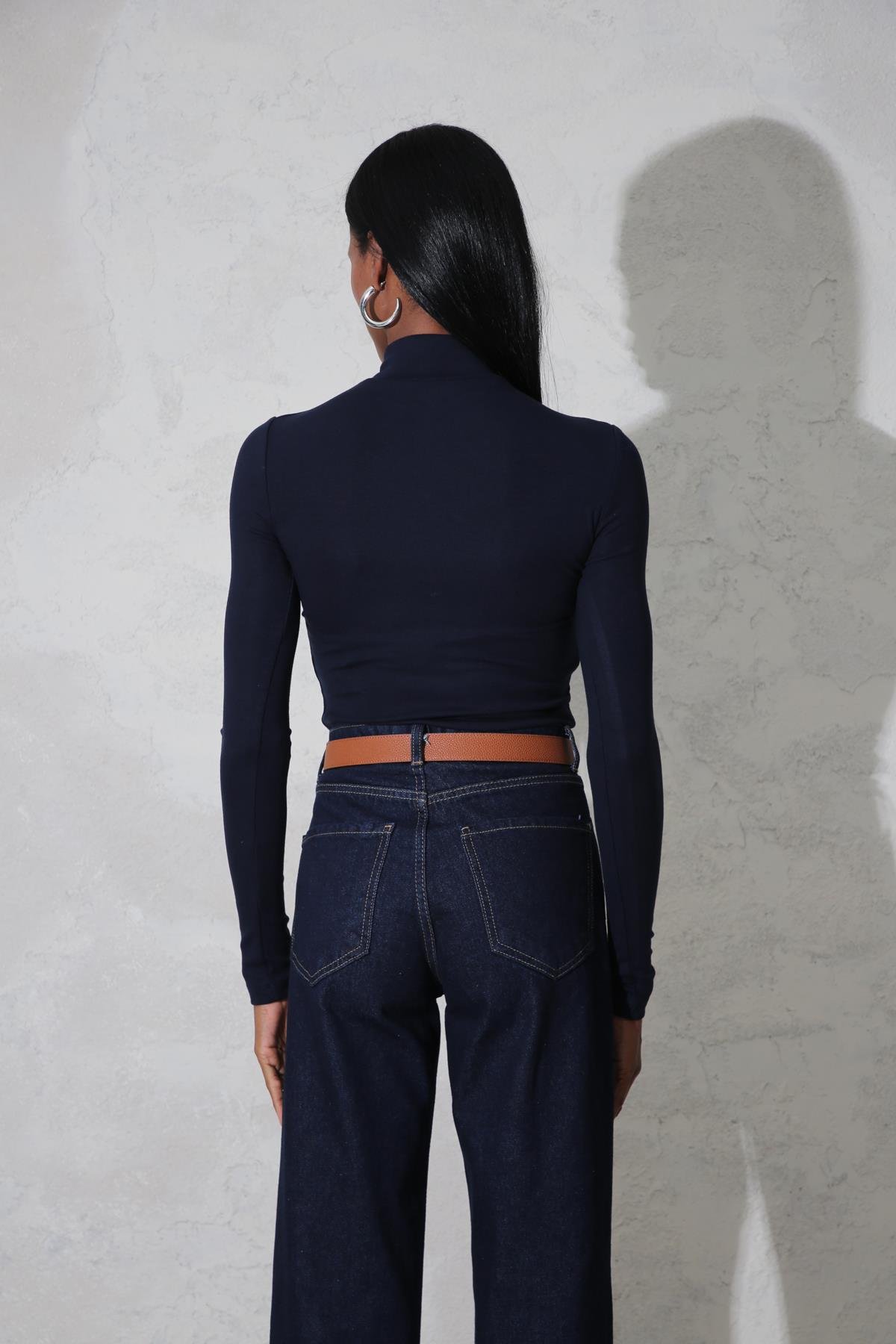 Lacivert Soft Touch Bambu Dik Yaka Tişört 