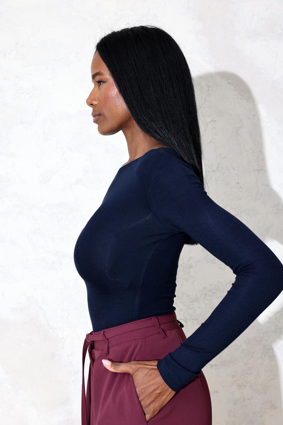 Lacivert Soft Touch Bambu Kayık Yaka Tişört 