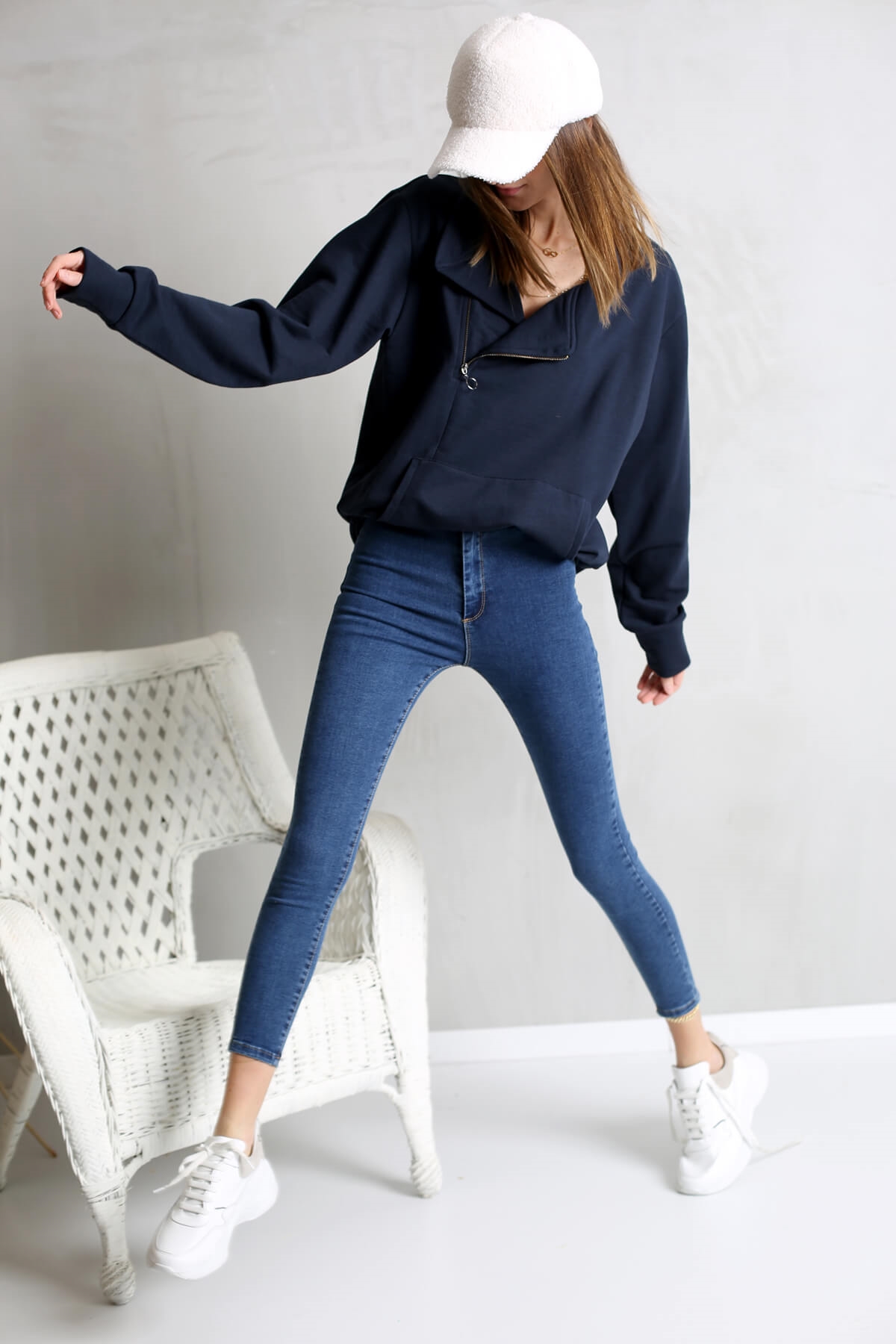 Lacivert V Yaka Fermuarlı Sweatshirt-9004 