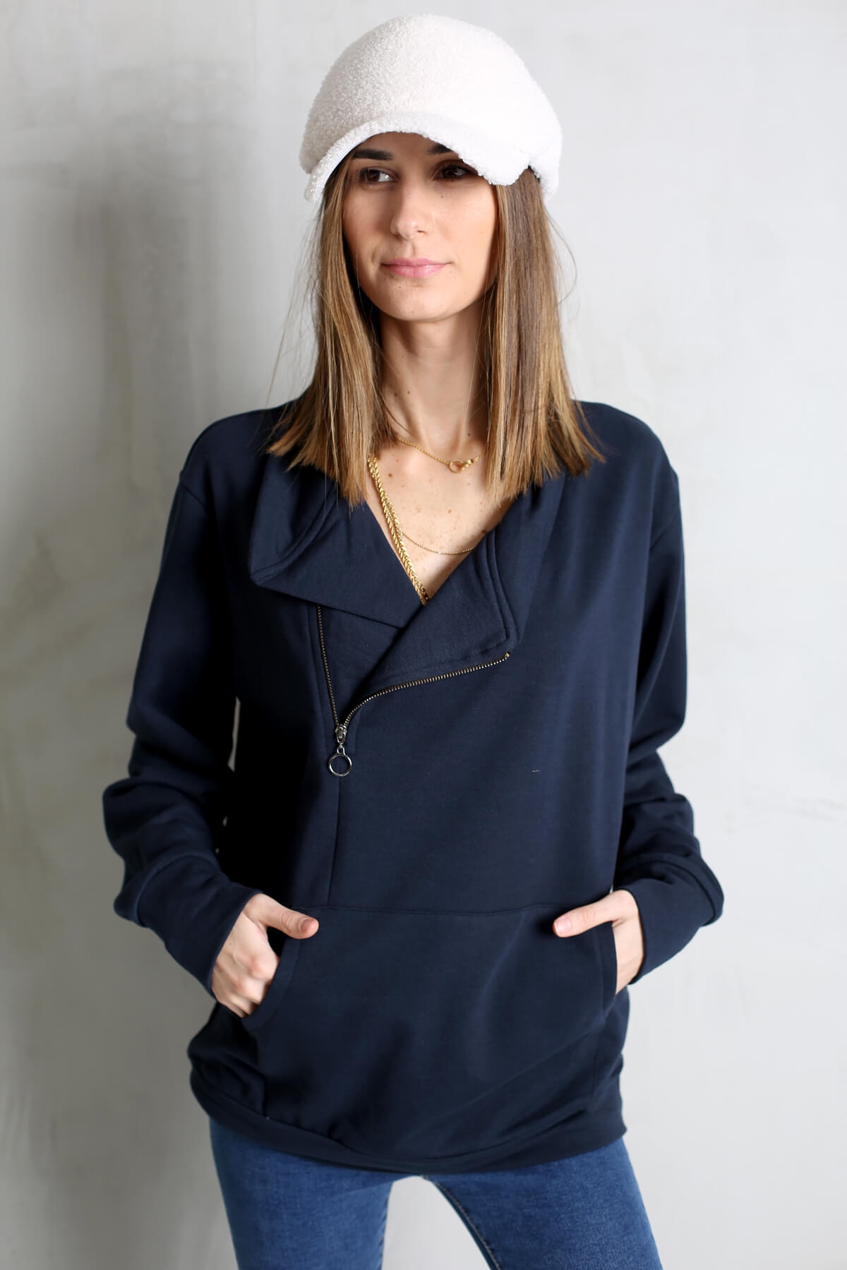 Lacivert V Yaka Fermuarlı Sweatshirt-9004 