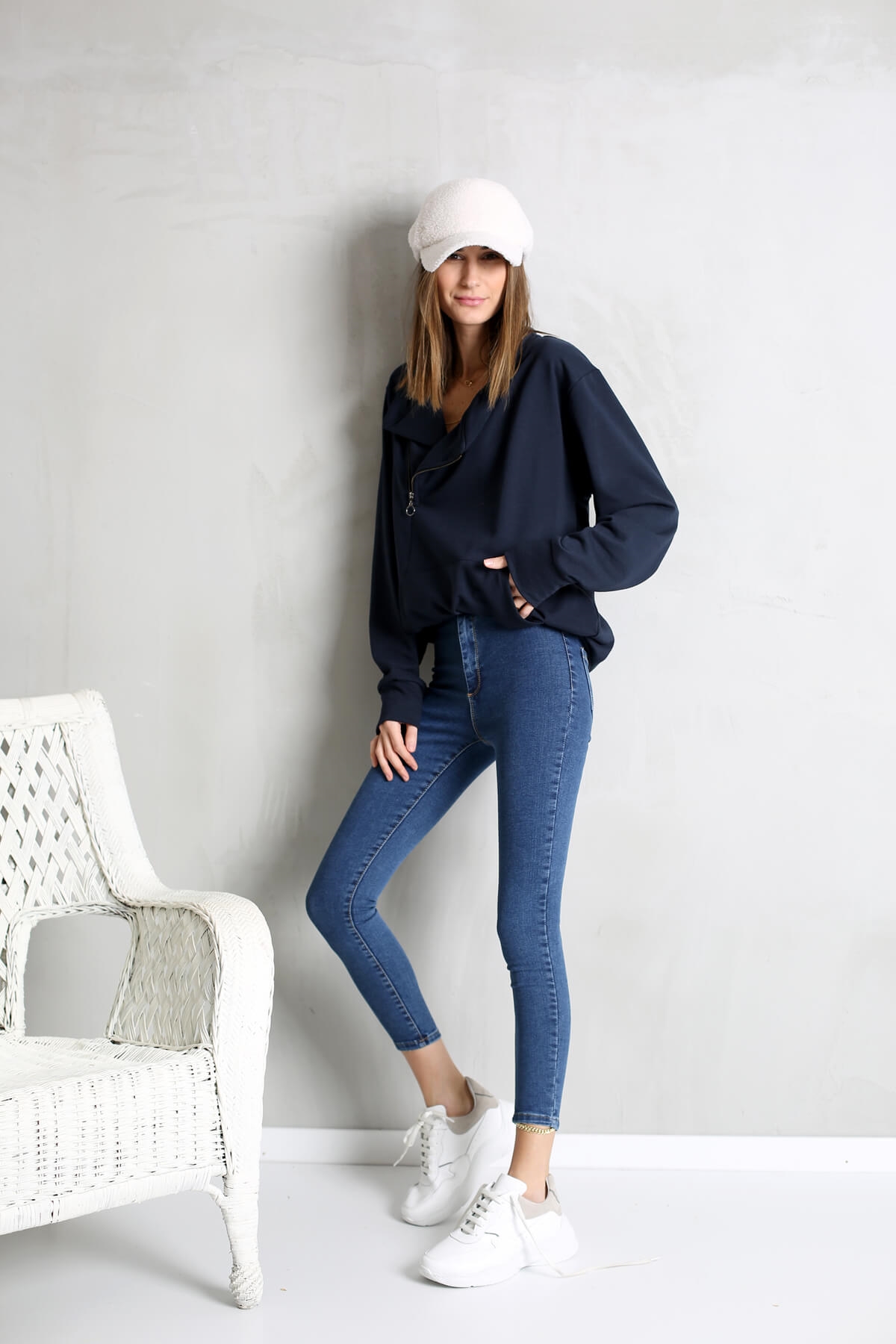 Lacivert V Yaka Fermuarlı Sweatshirt-9004 