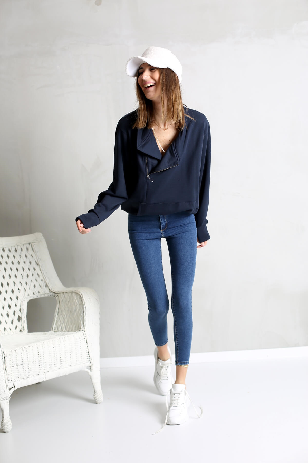 Lacivert V Yaka Fermuarlı Sweatshirt-9004 