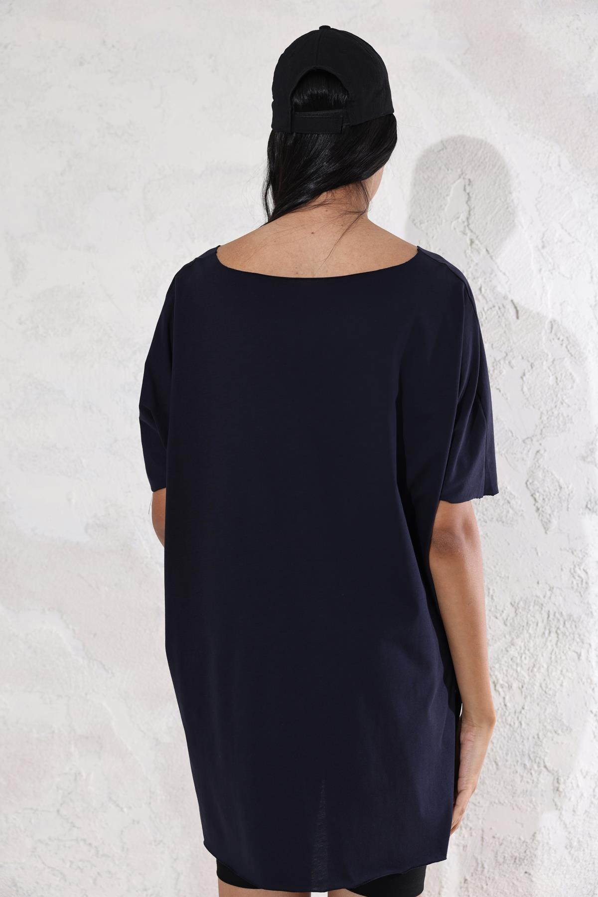 Lacivert V Yaka Oversize Tişört 0294