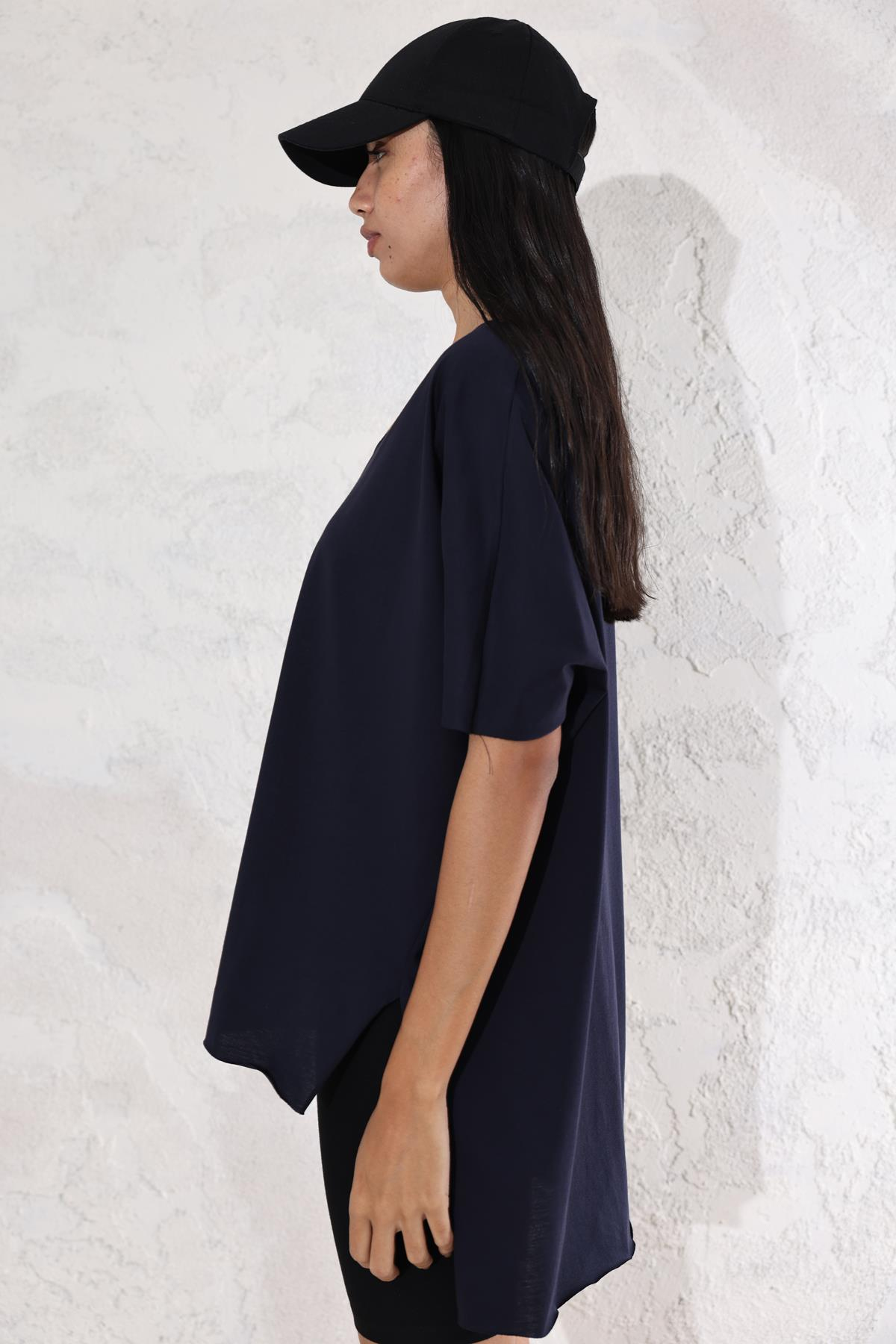 Lacivert V Yaka Oversize Tişört 0294