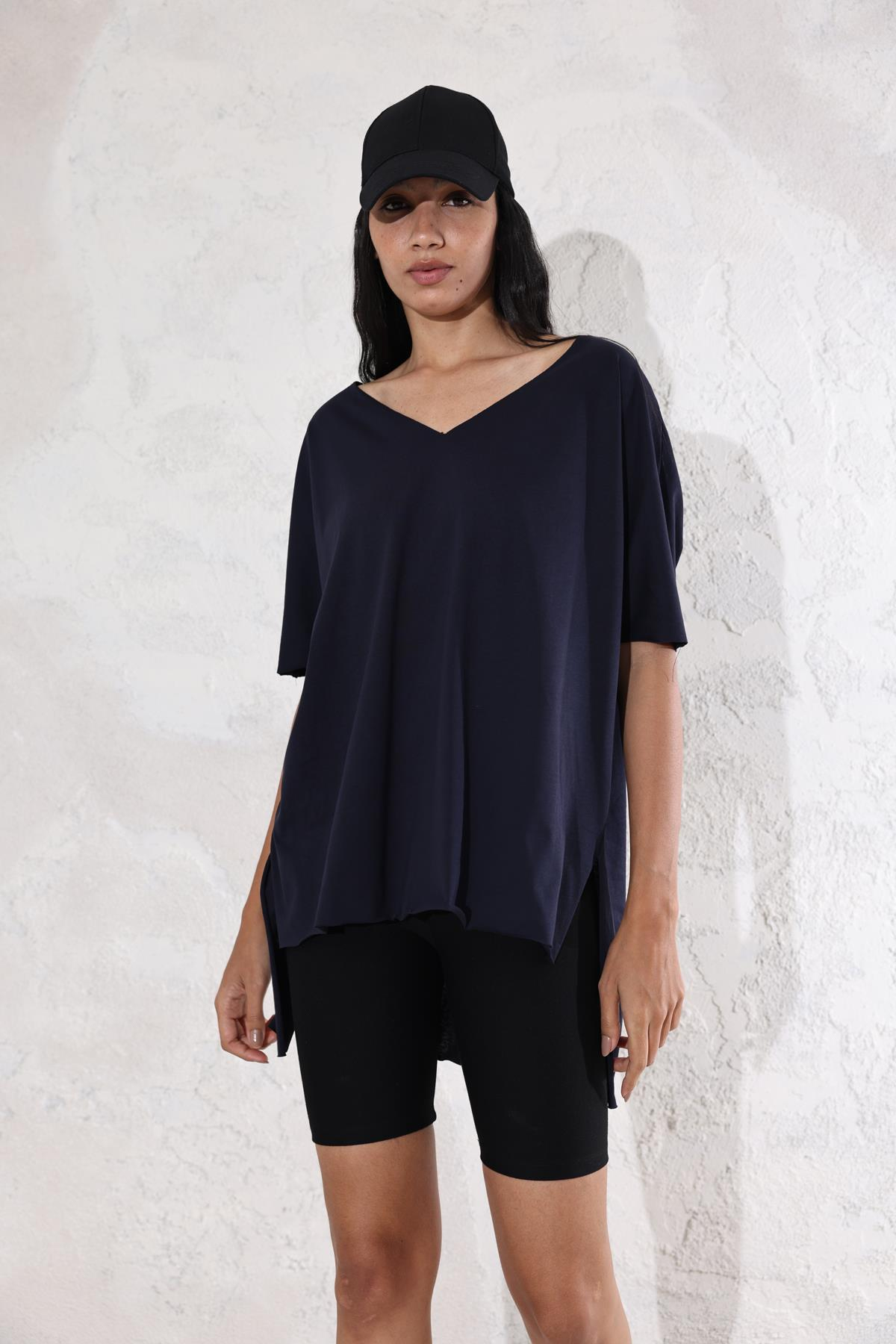 Lacivert V Yaka Oversize Tişört 0294