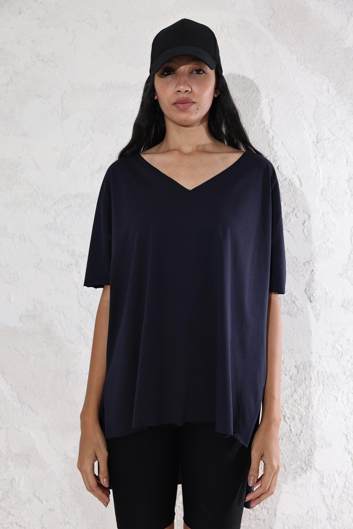 Lacivert V Yaka Oversize Tişört 0294