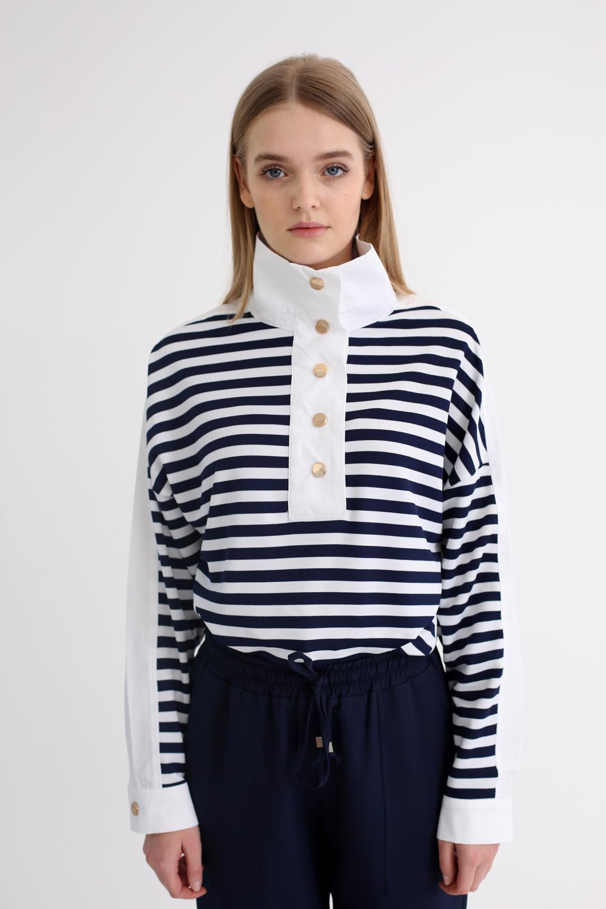 Lacivert Yakalı Çizgili Sweatshirt 23029