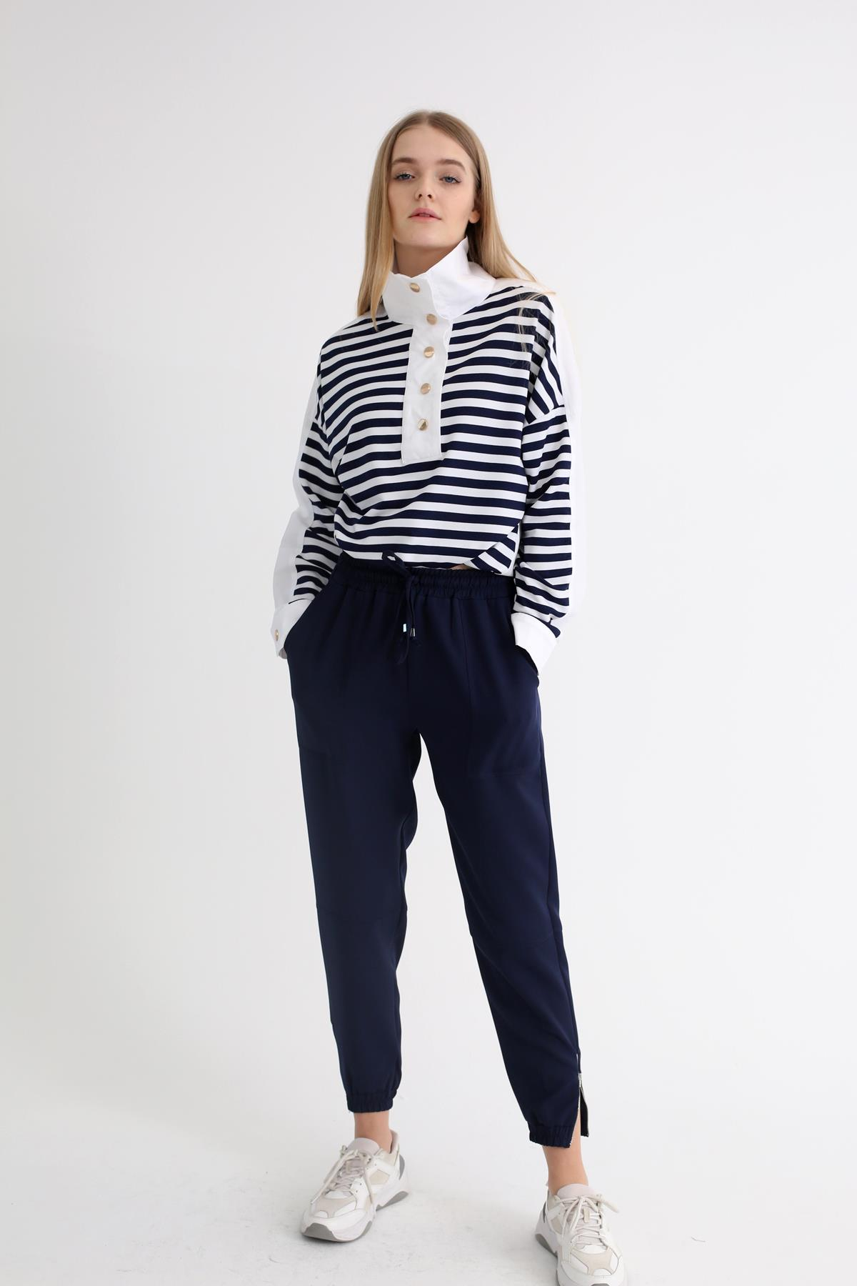 Lacivert Yakalı Çizgili Sweatshirt 23029